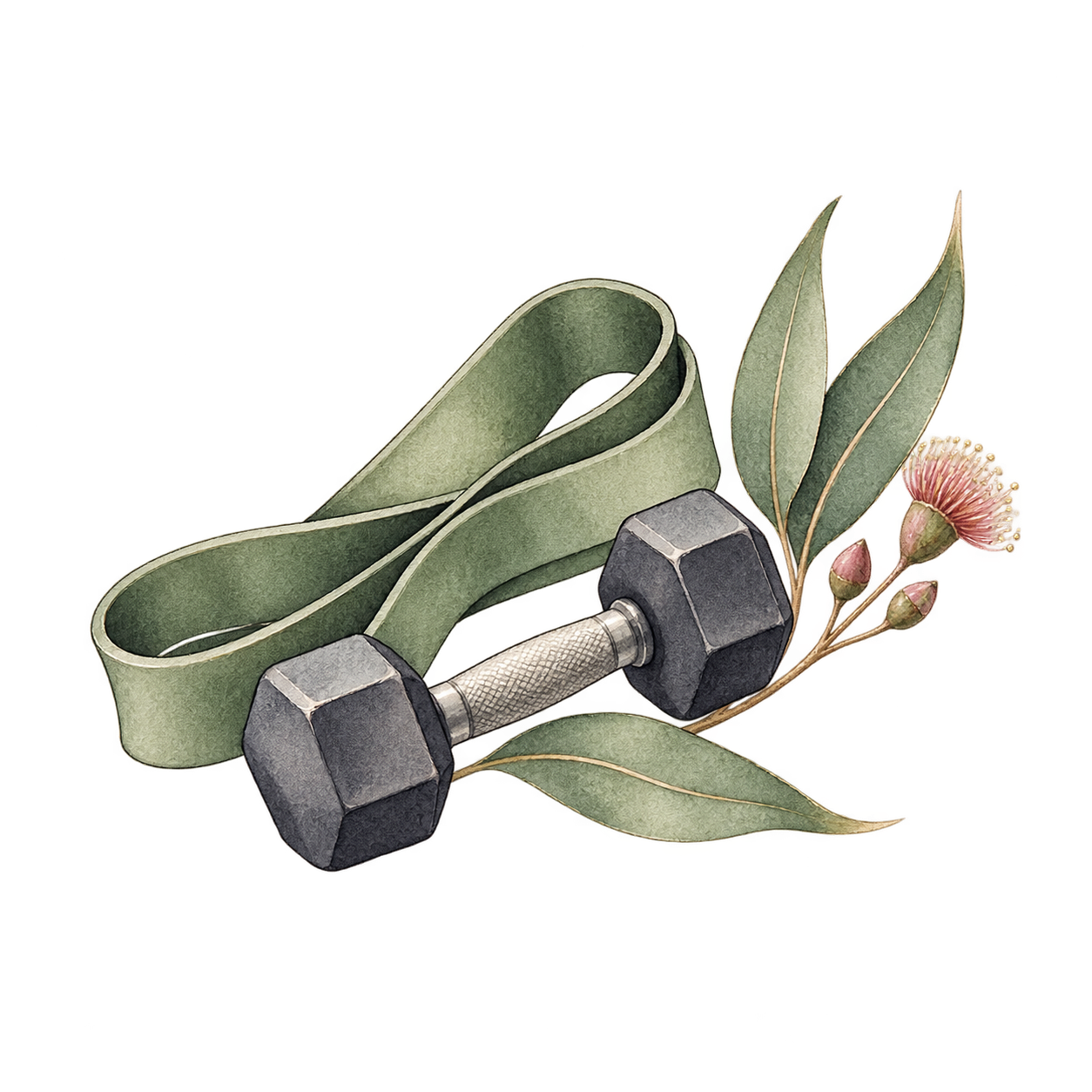 A gym towel, a dumbbell, and decorative flowers and leaves.