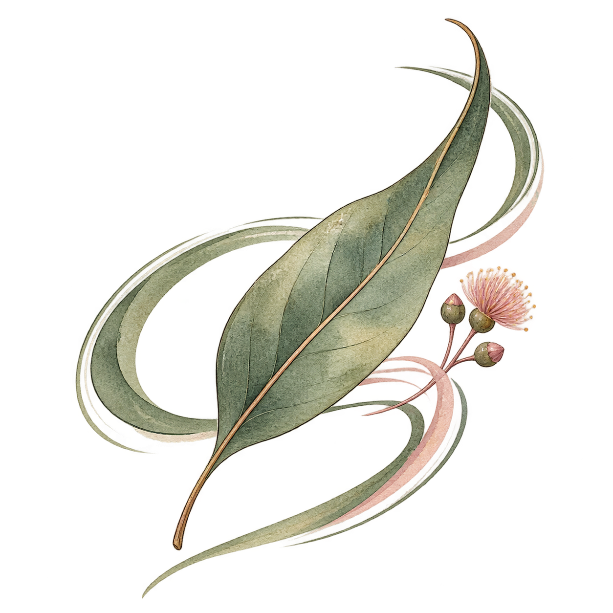 Illustration of eucalyptus leaves, flowers, and seed pods.