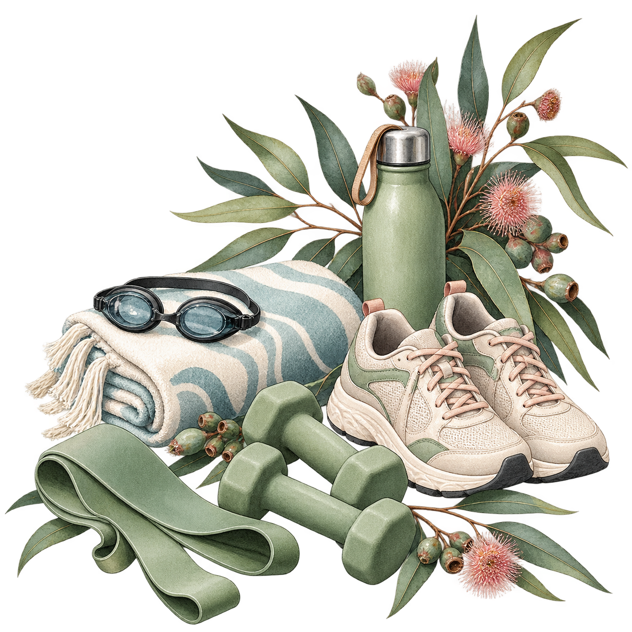 Fitness equipment including dumbbells, resistance band, water bottle, pair of sneakers, towel, and swimming goggles arranged on leaves and flowers.