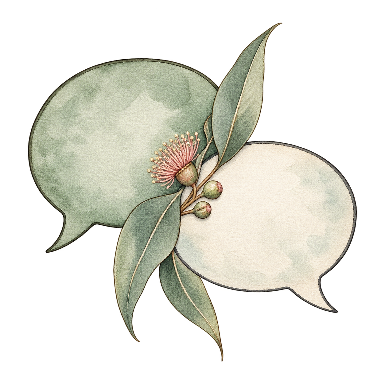 Two watercolor speech bubbles decorated with eucalyptus leaves and pink flowers.
