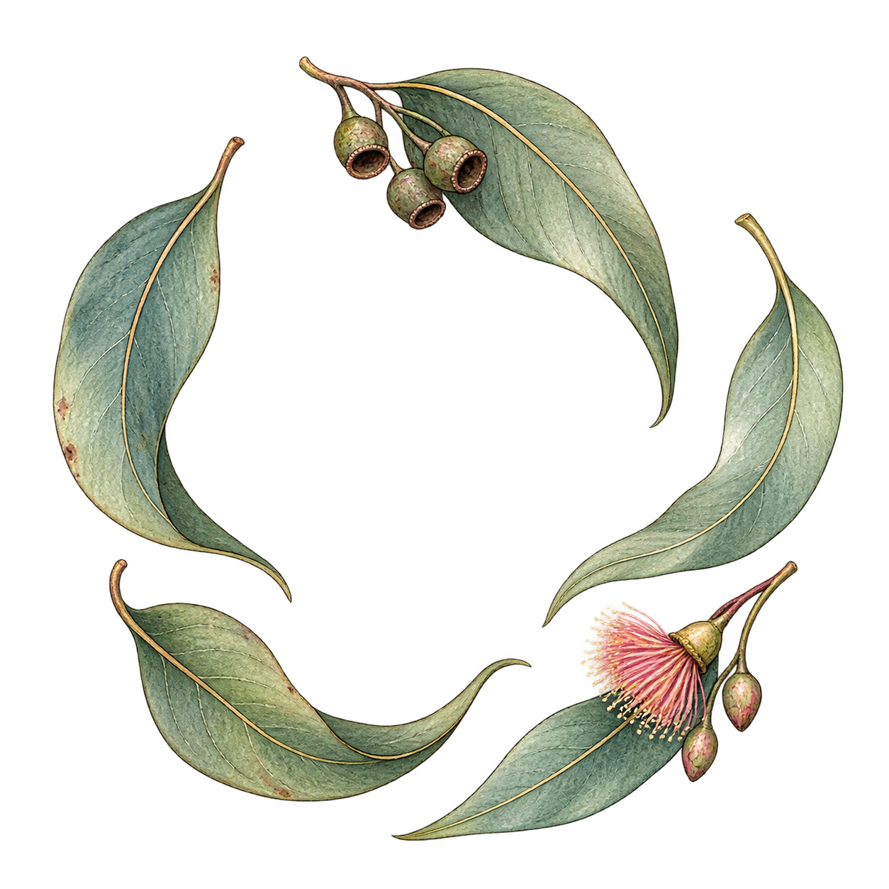Wreath made of eucalyptus leaves and pinkish flowers.