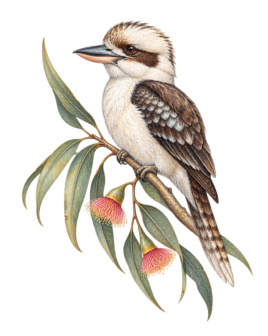 An illustration of a kookaburra perched on a branch with eucalyptus leaves and pink flowering gums.