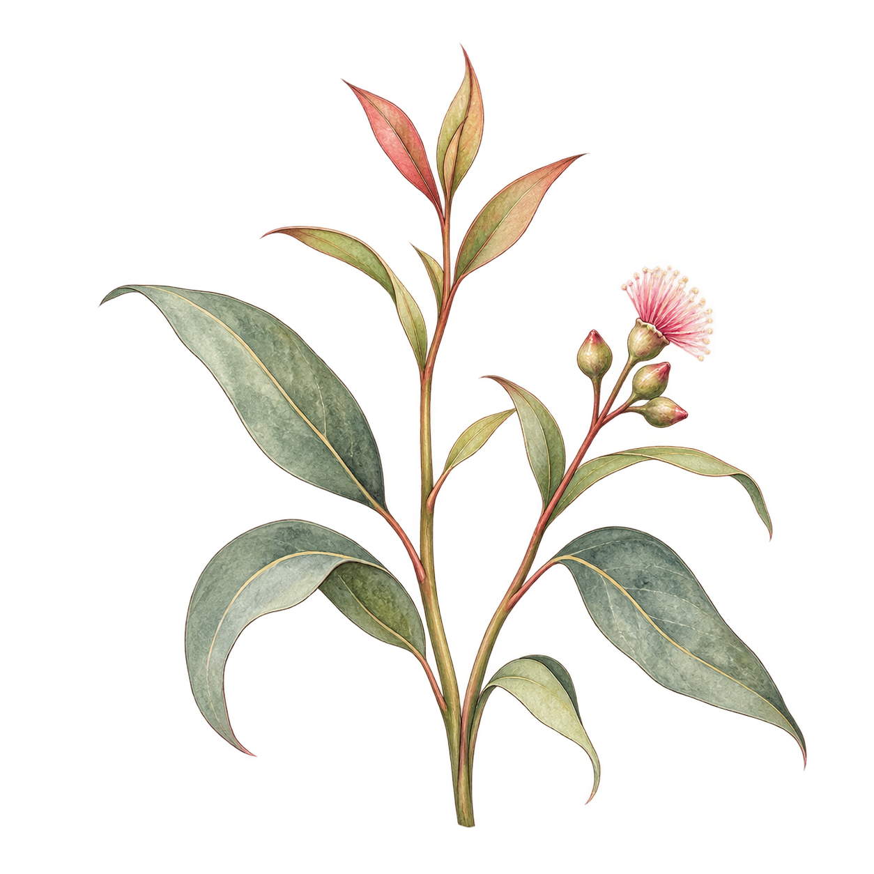 Botanical illustration of a flowering plant with green and reddish leaves, pink flowers, and buds.