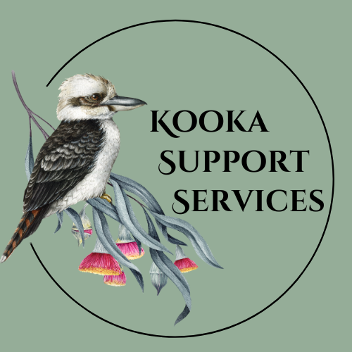Illustration of a bird perched on a branch with pink flowers, with the text 'Kooka Support Services' inside a circle.