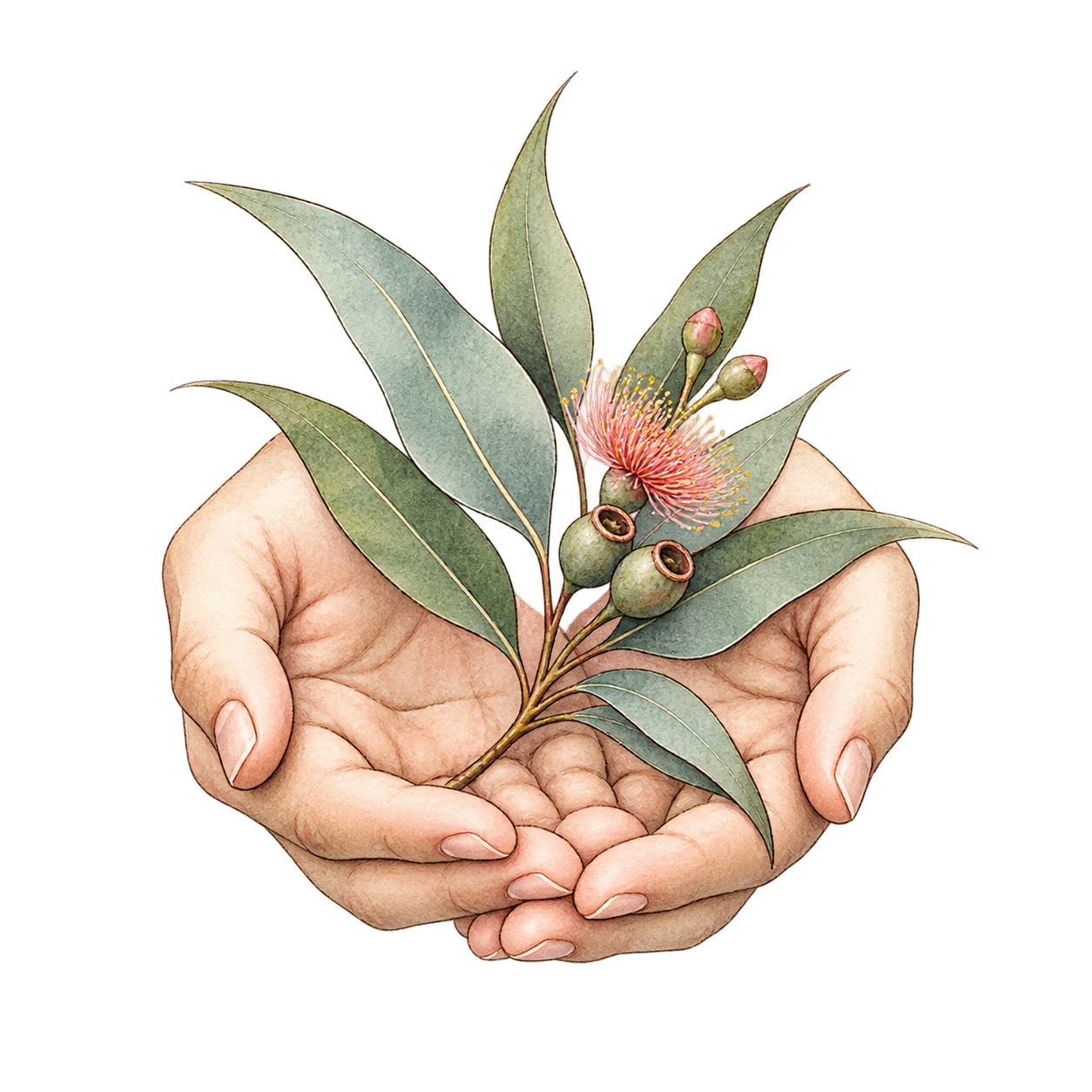 Hand holding eucalyptus leaves and flowers.