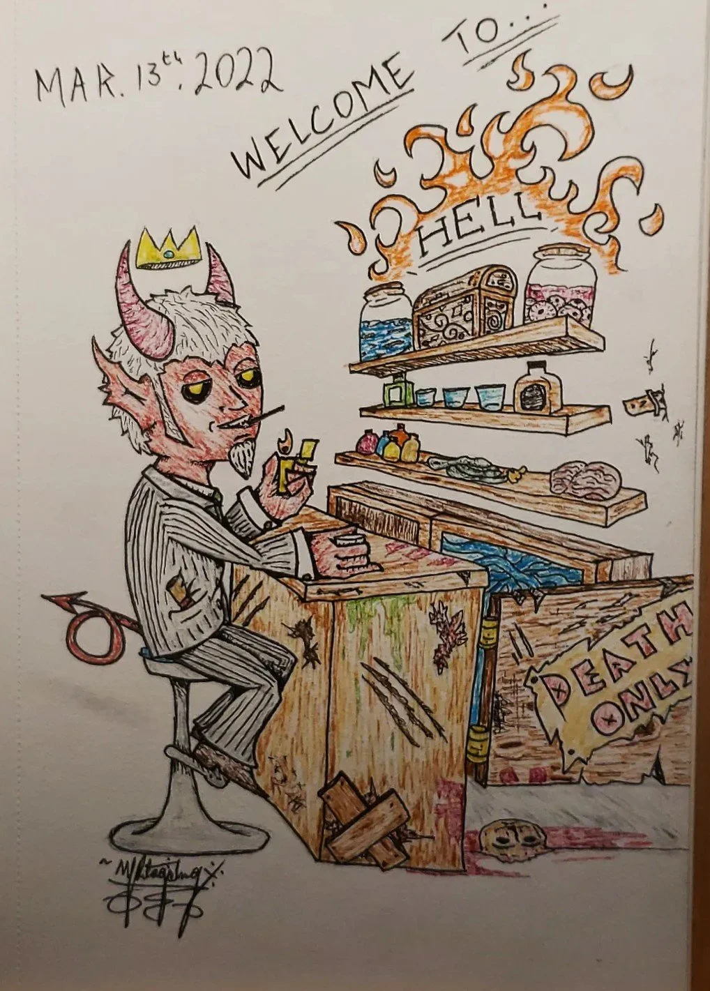 A demonic figure is sat on a stool at a bar, holding a glass of liquid and about to light a cigarette. The bar has an assortment of drinks and random hellish items on it's shelf. above the bar it reads "Welcome to Hell" in fire. All drawn in pen.