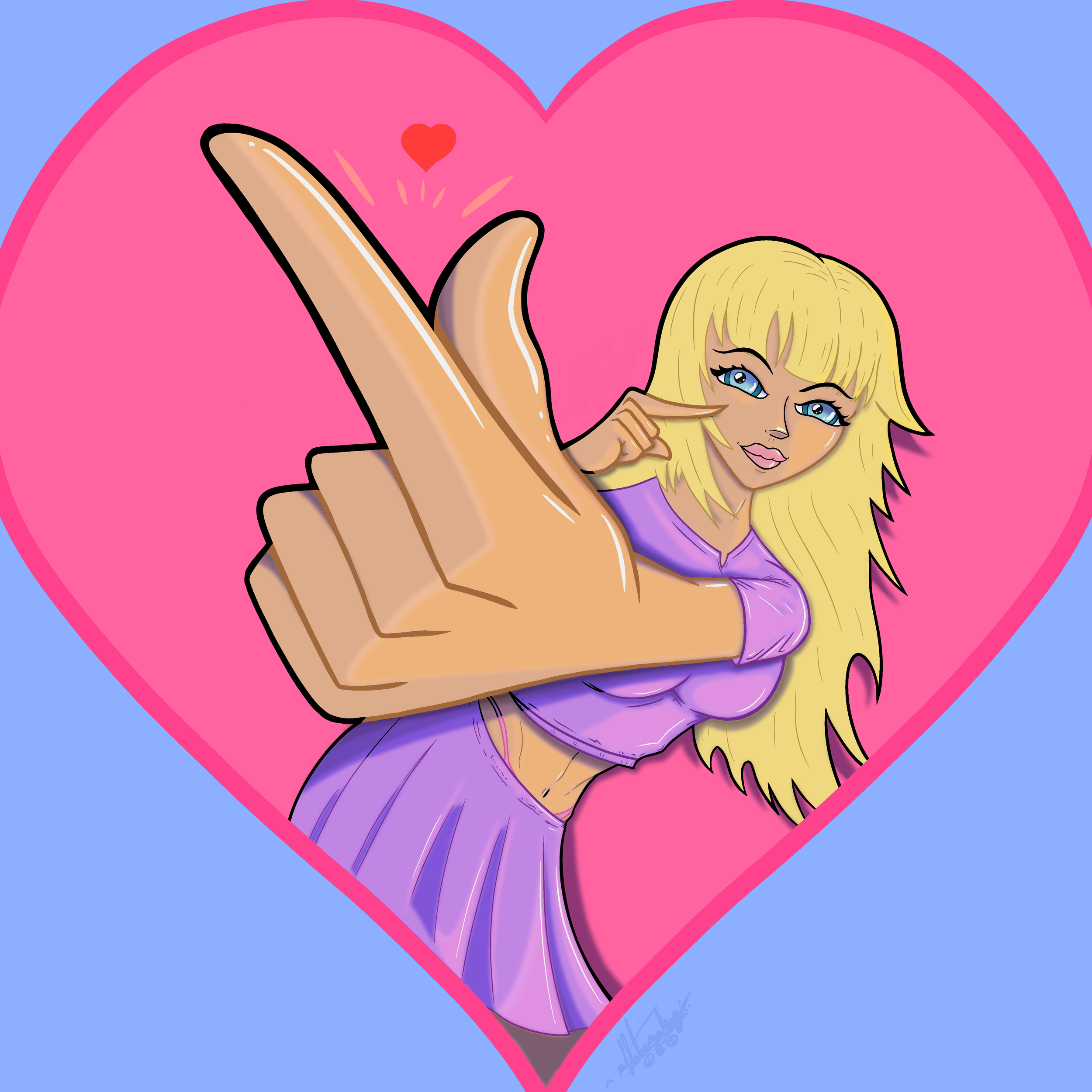A blonde Caucasian girl holding up her thumb and index finger towards the viewer making a heart shape while in a heart shaped cut out. The girl is wearing a bright purple top and skirt with her stomach showing in between the two.