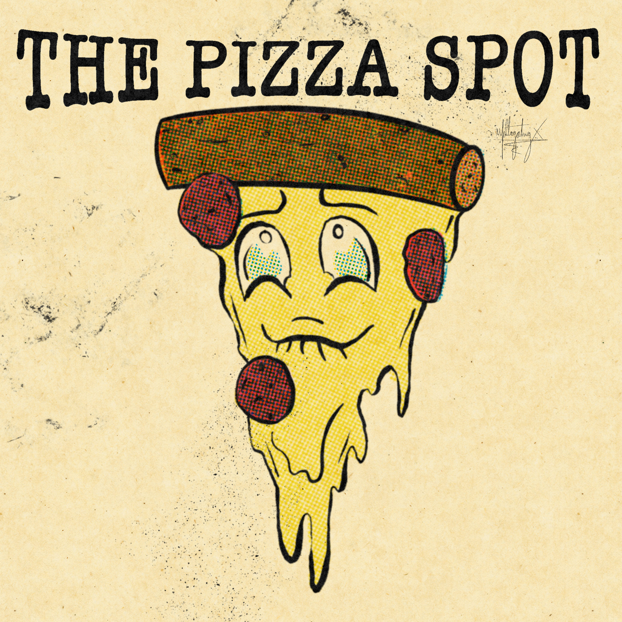 A pepperoni pizza with a face on it smiles and bites it's lower lip in pleasure. It's cheese melting off of it. Above the pizza it reads "The Pizza Spot". All digitally drawn with a halftone like texture.