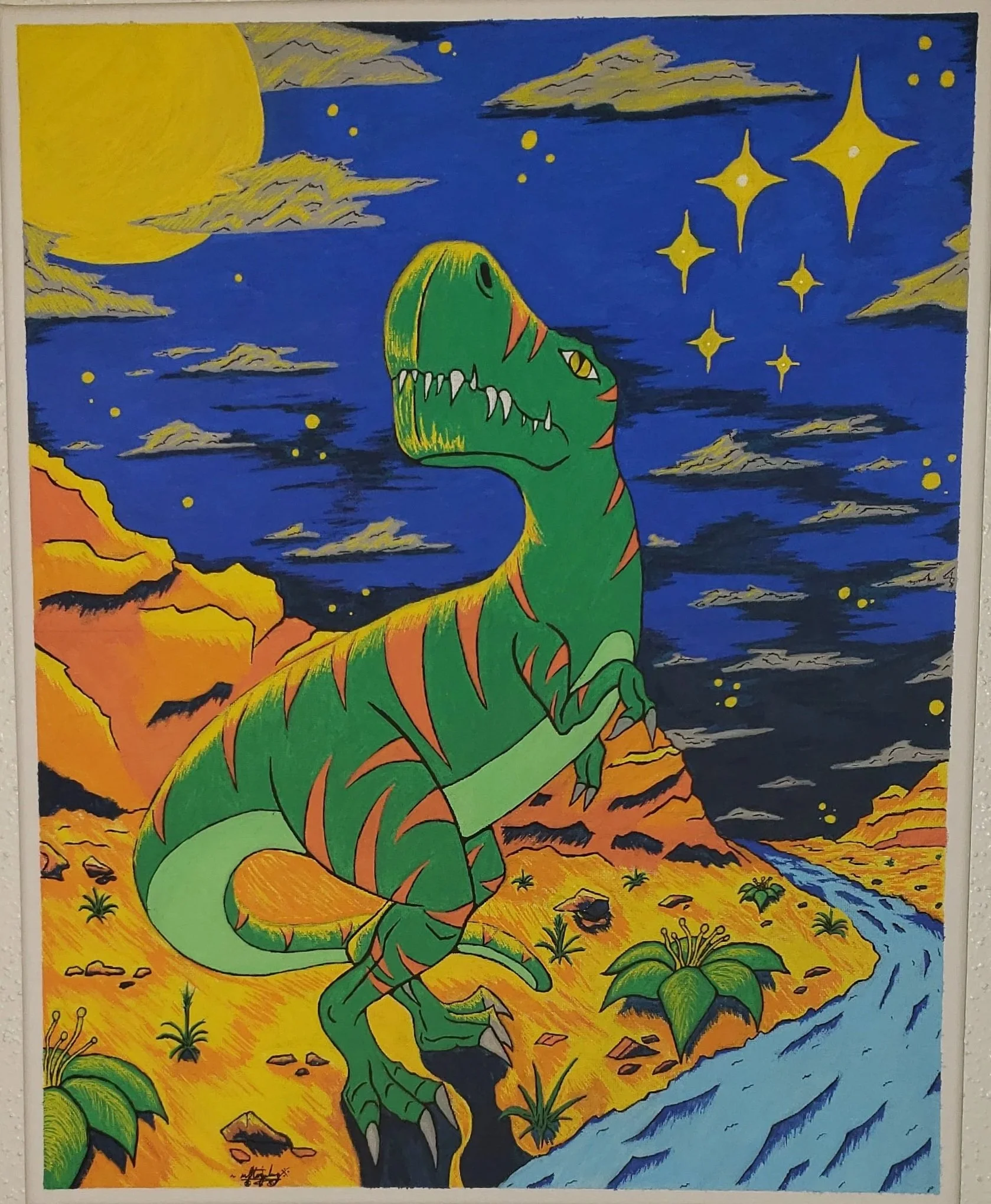 A Tyrannosaurus Rex looking up into the night sky as a big yellow moon shines amongst clouds and stars of similar yellow and blue grey toned colors.  There's a river running next to the feet of the T-Rex as the creature is in a canyon like scene.