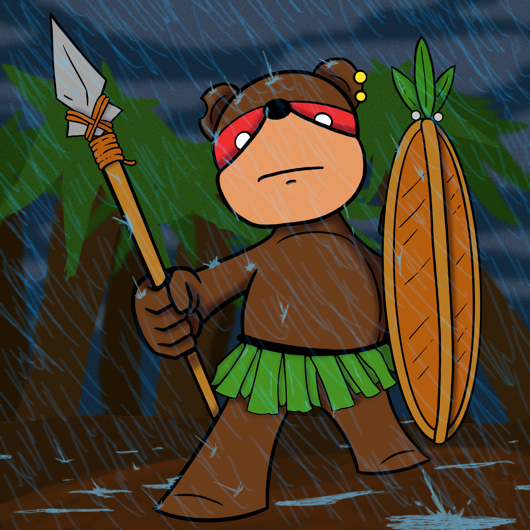 A Teddy Bear standing in a rainy tropical forest. The bear is in a tribal like outfit consisting of a grass dress like a hula skirt and a red band across it's eyes. The bear is also holding a makeshift spear and shield made of wood.