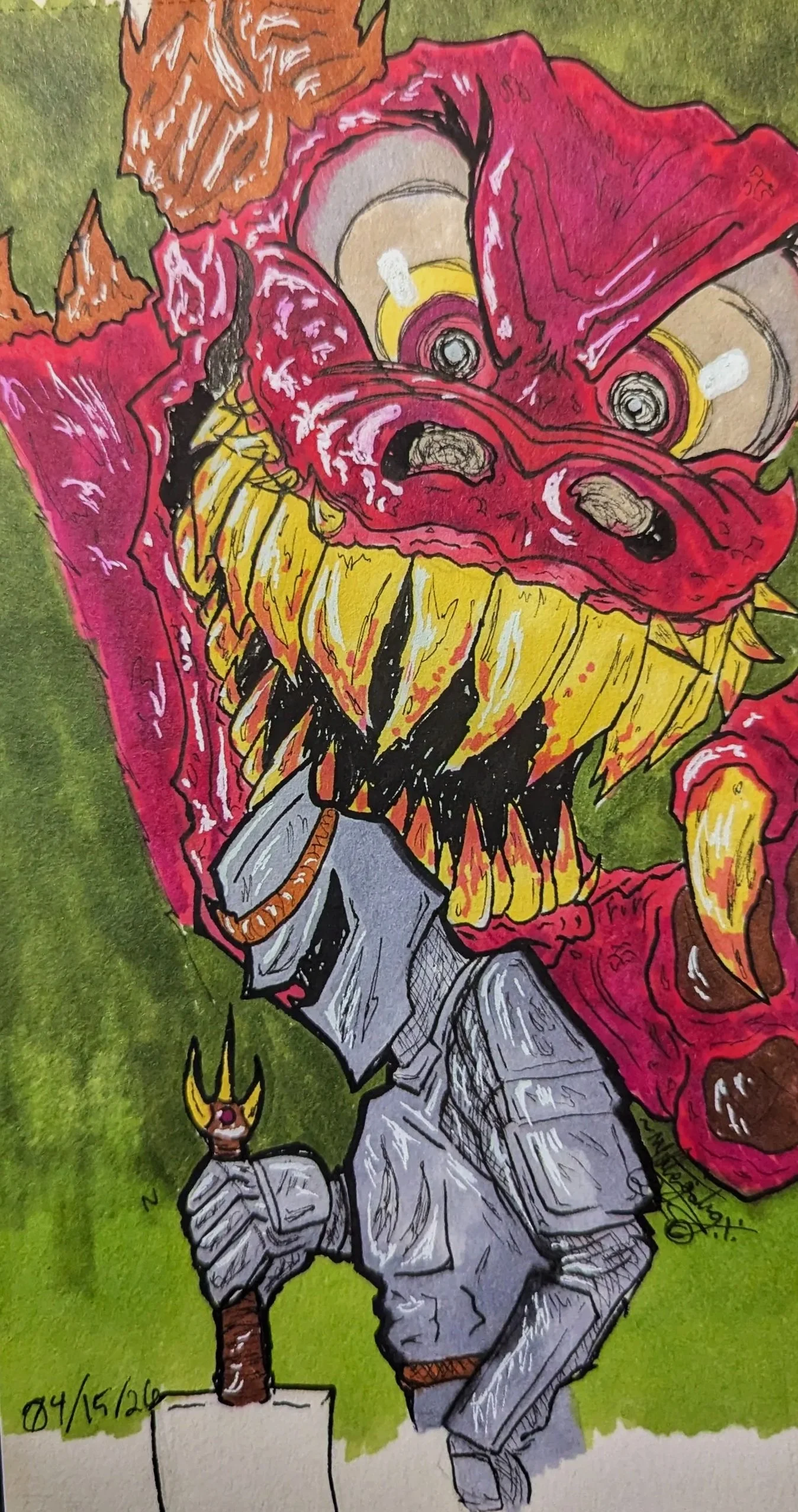 A giant bug-eyed red horned dragon creature hovering over a knight in tattered armor. The knight is seen gripping his sword ready to slash. All depicted in Alcohol markers on paper