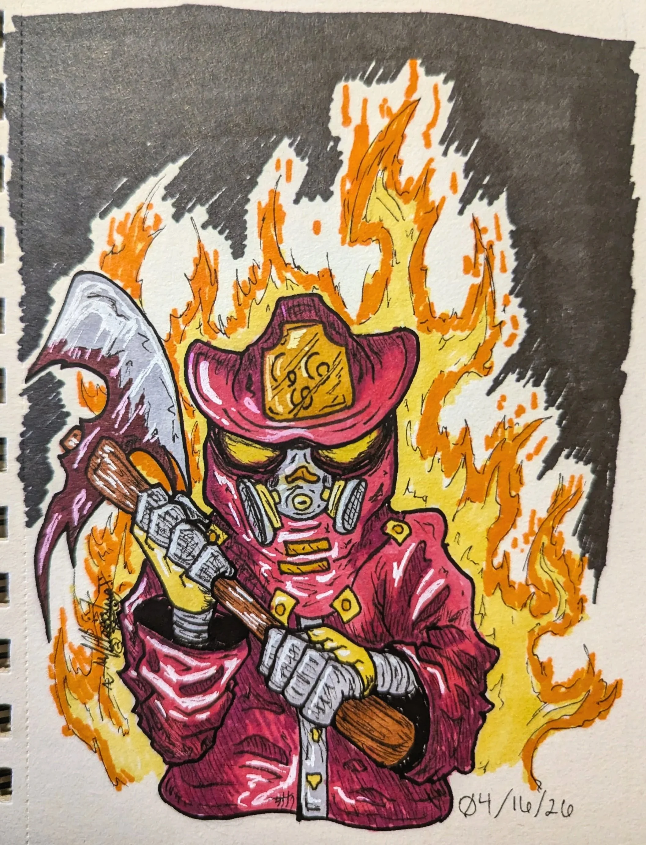 a demonic being in a red fire man's outfit with a vicious axe and flames surrounding it. All made made with alcohol markers on paper
