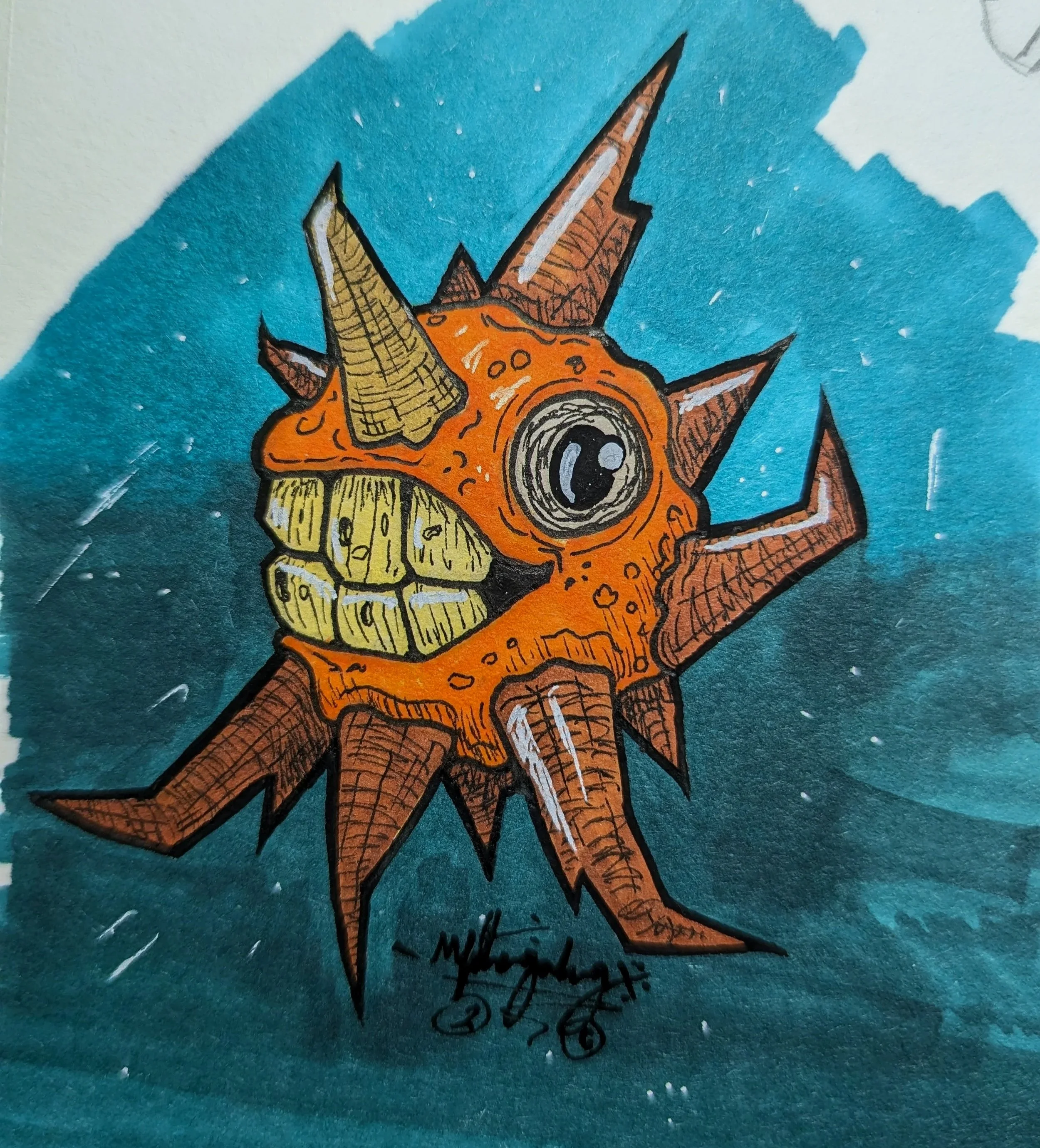 A Spikey roundish sponge like creature with a big toothy smile and giant eye in with a stary night behind it. Alcohol markers on paper
