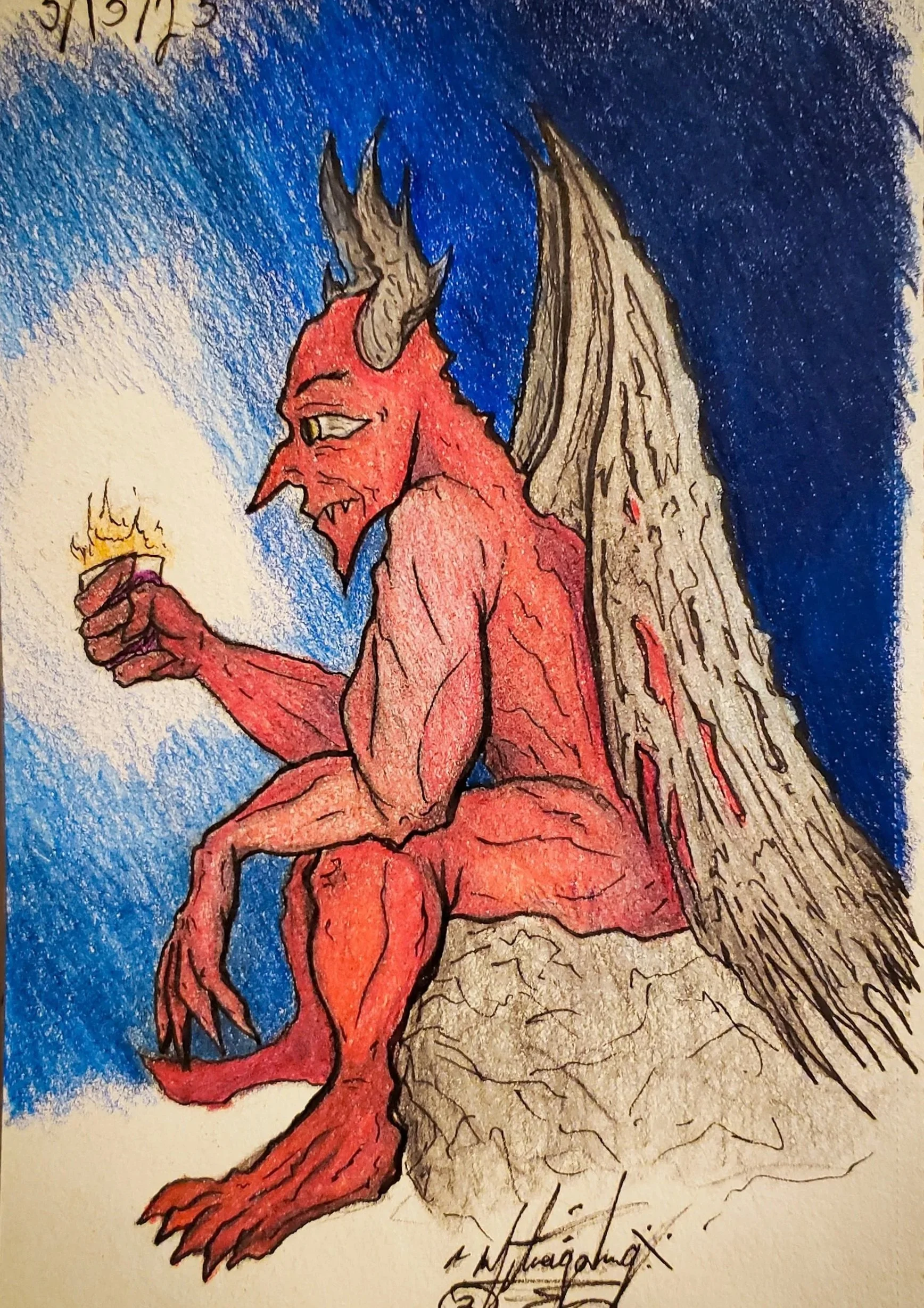 A demonic character depicted holding a glass of liquid with fire on top while it sits on a stone stoop. The demon is a bright red with black horns and a pair of tattered black wings. The drawing is made with colored pencils and pen.