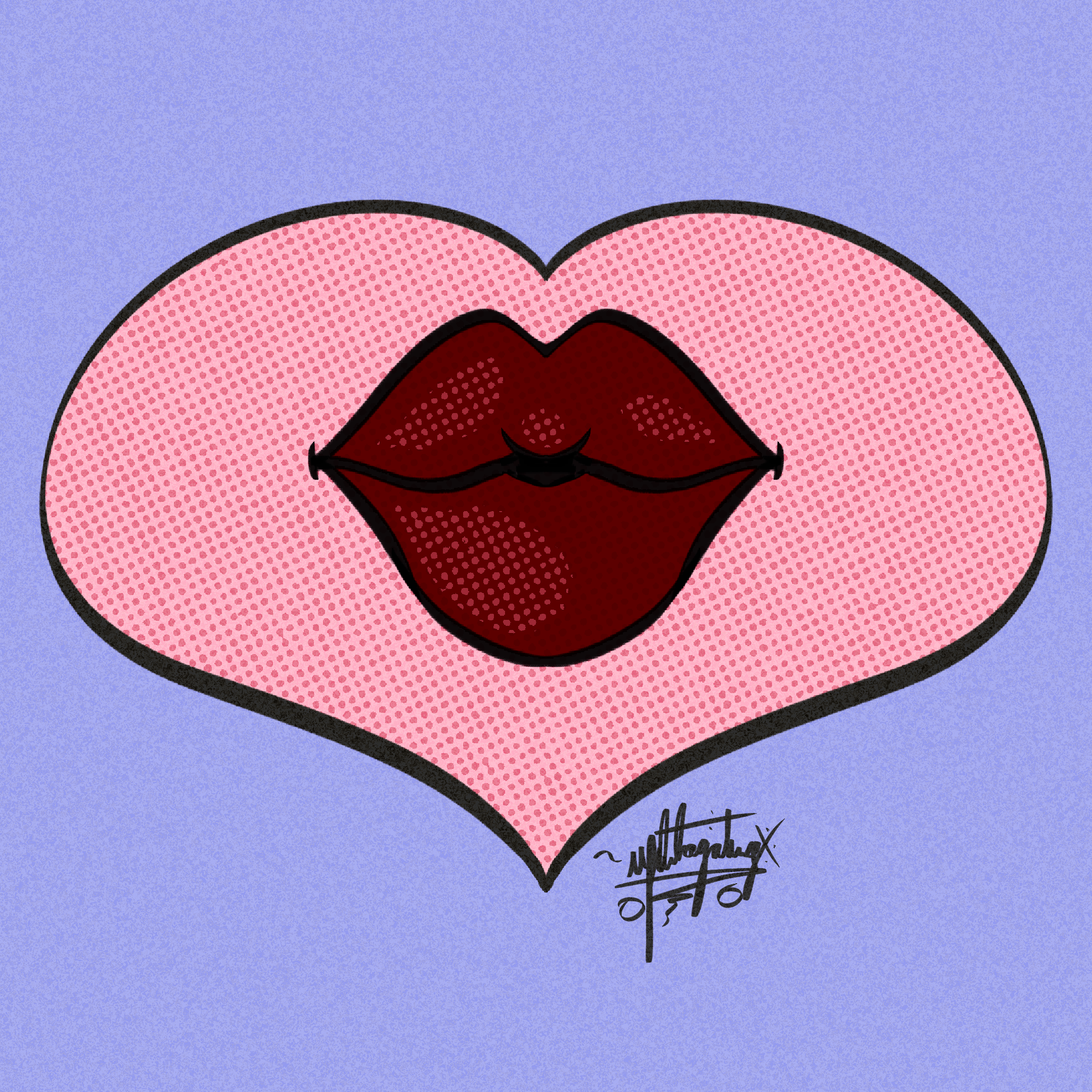 A pink heart with big red lips in a puckering manner. All on a blue almost purple background and with halftone dots in the heart and on the lips.