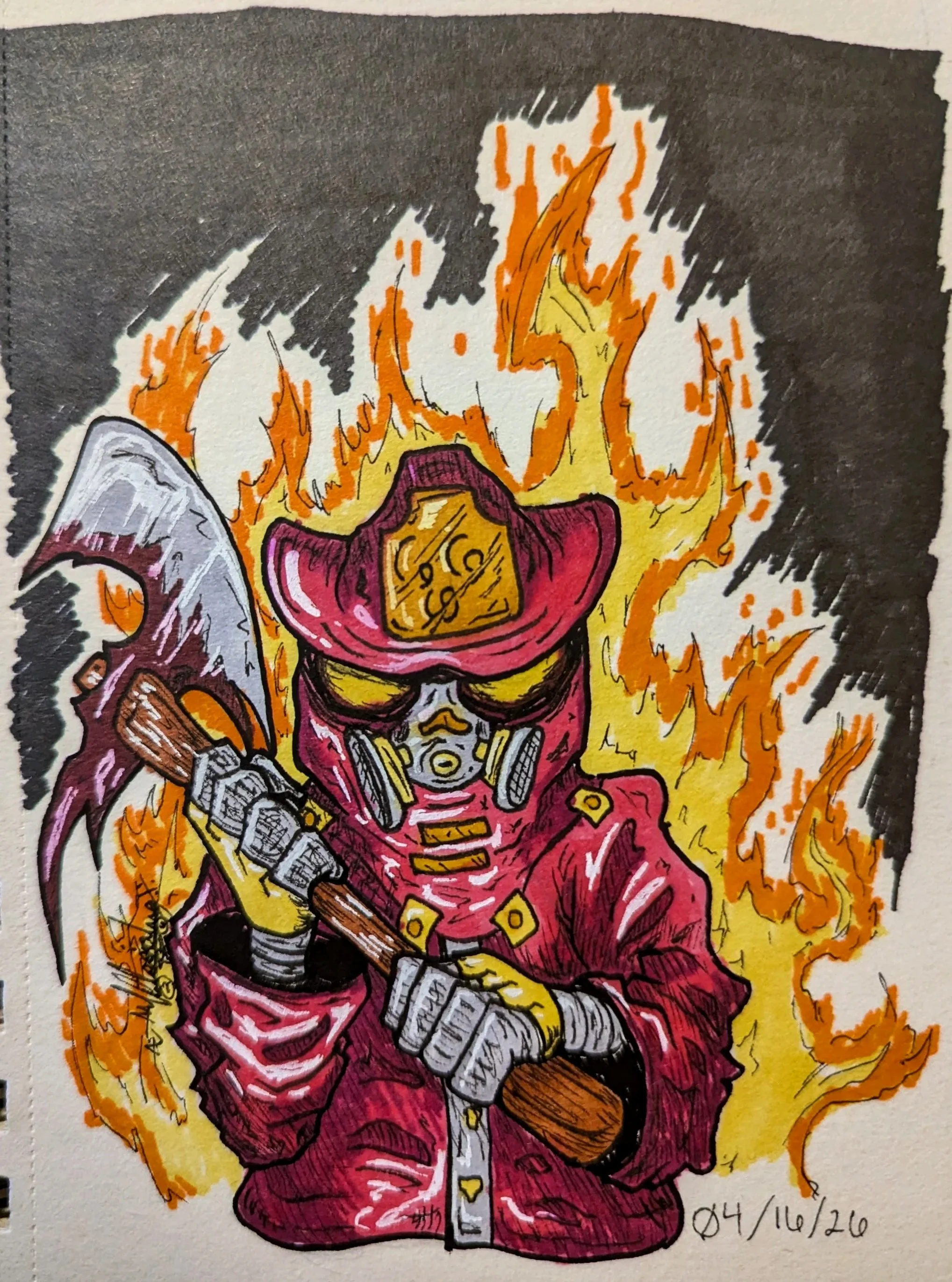A being dressed in a firefighter like uniform whilst holding a sharp axe in it's hands. Fire is surrounding it's back. All depicted in Alcohol Markers on paper.