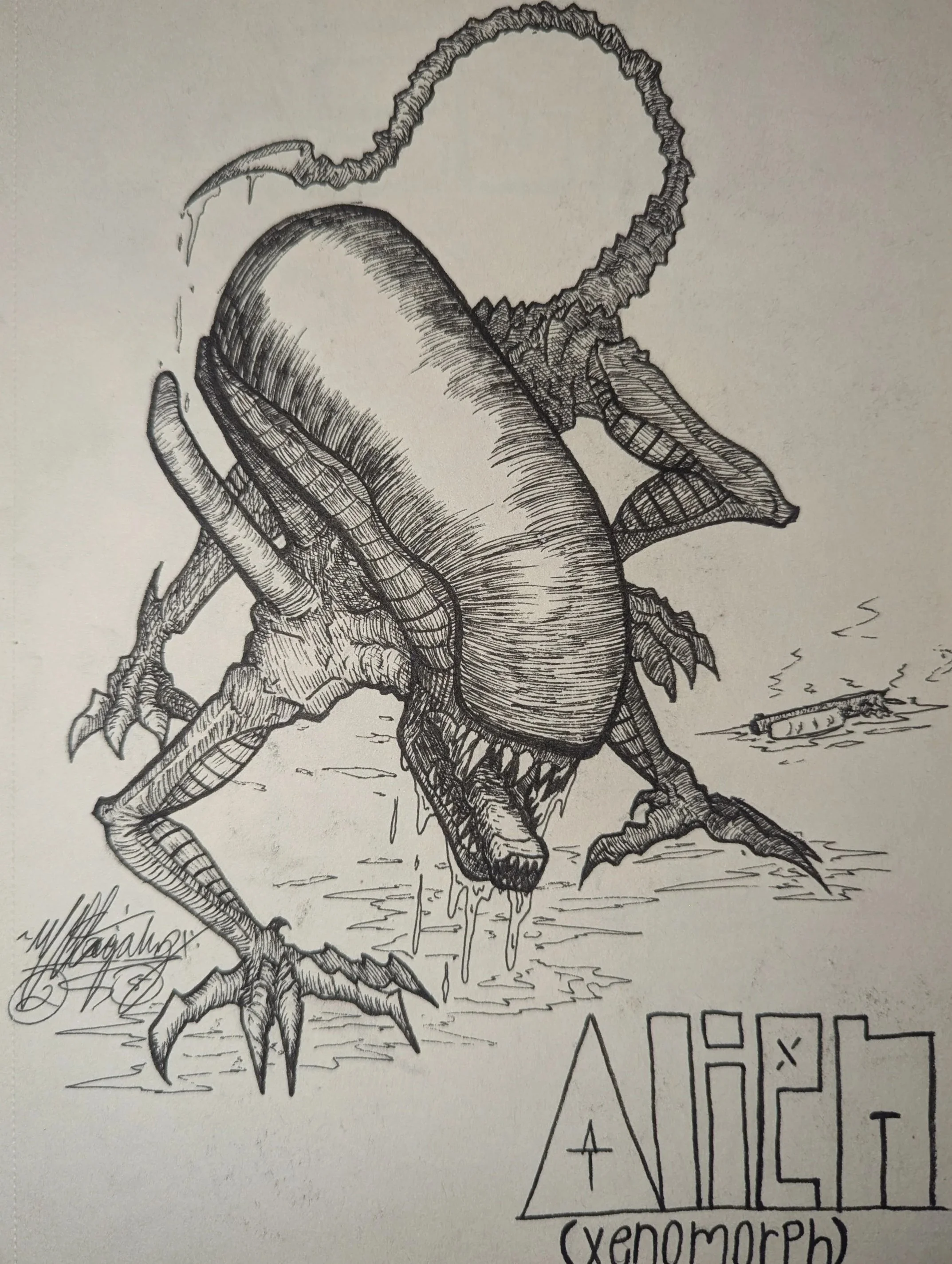 Pen drawing of a Xenomorph from the horror movie series, Alien. The creature is depicted crawling towards the viewer with it's mouth opened and a smaller mouth peaking out all while drool is dripping from it's mouth. All shaded in a hatching style.