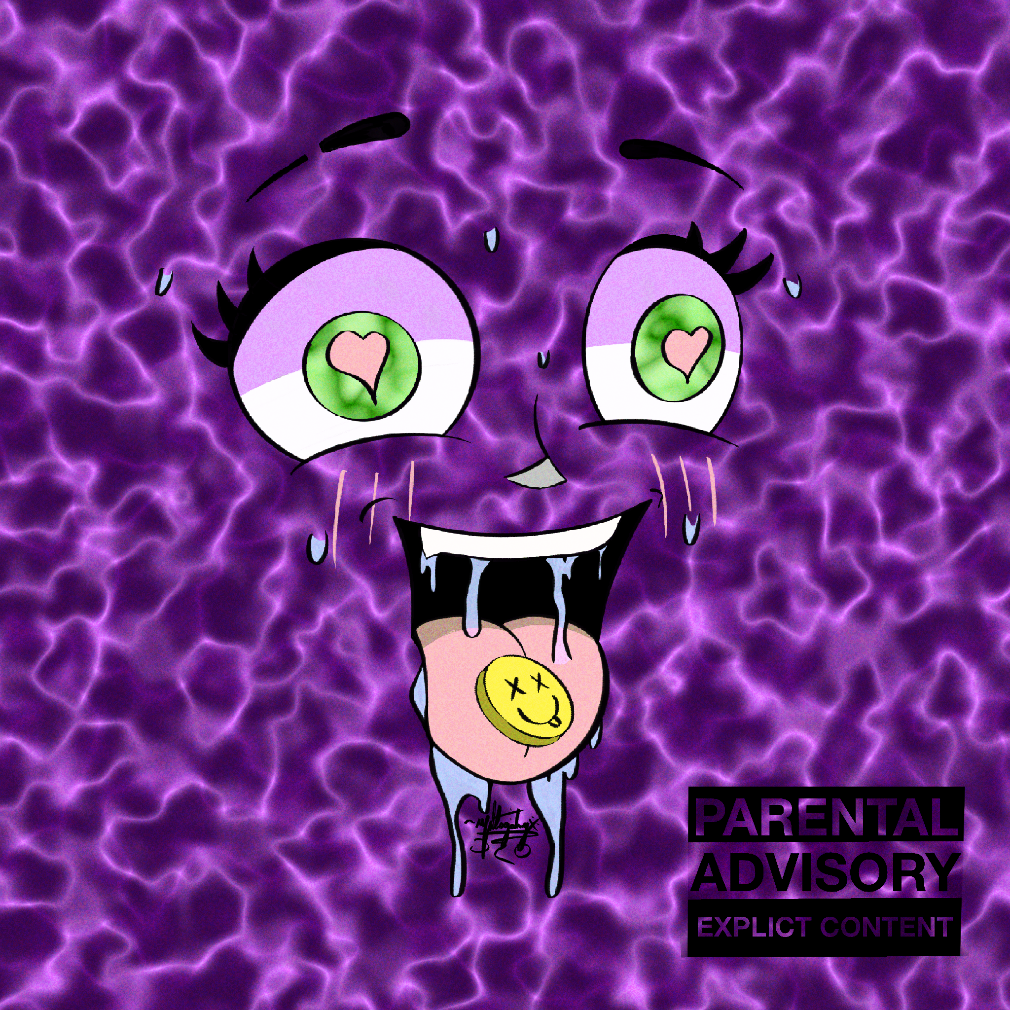 A female looking face distorted with pleasure. The face's mouth smile with it's tongue out as a yellow smiley faced pill sit on it. Drool and sweat dripping down around the face while it sits on a purple water like textured background.
