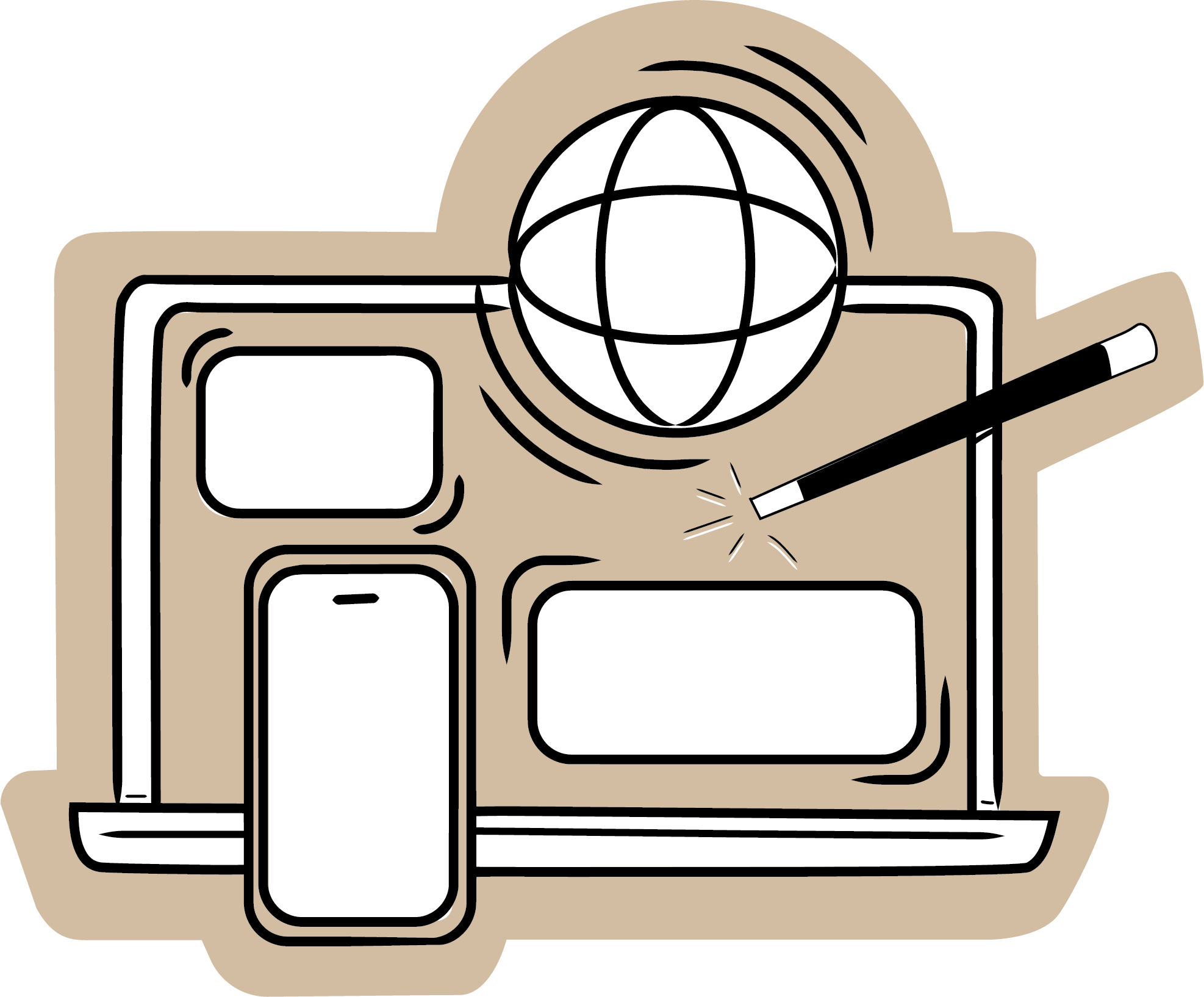 Illustration of a desktop computer workspace with a globe, pencil, smartphone, and blank screens