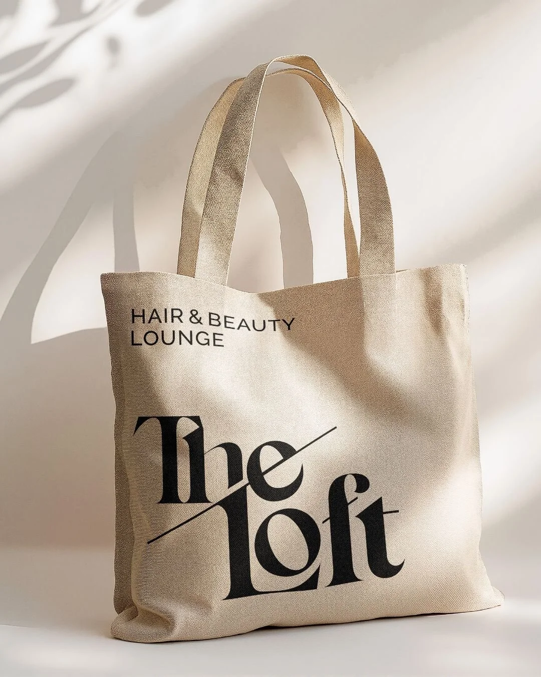 Cream canvas tote bag labeled “Hair & Beauty Lounge” with large black “The Loft” logo.