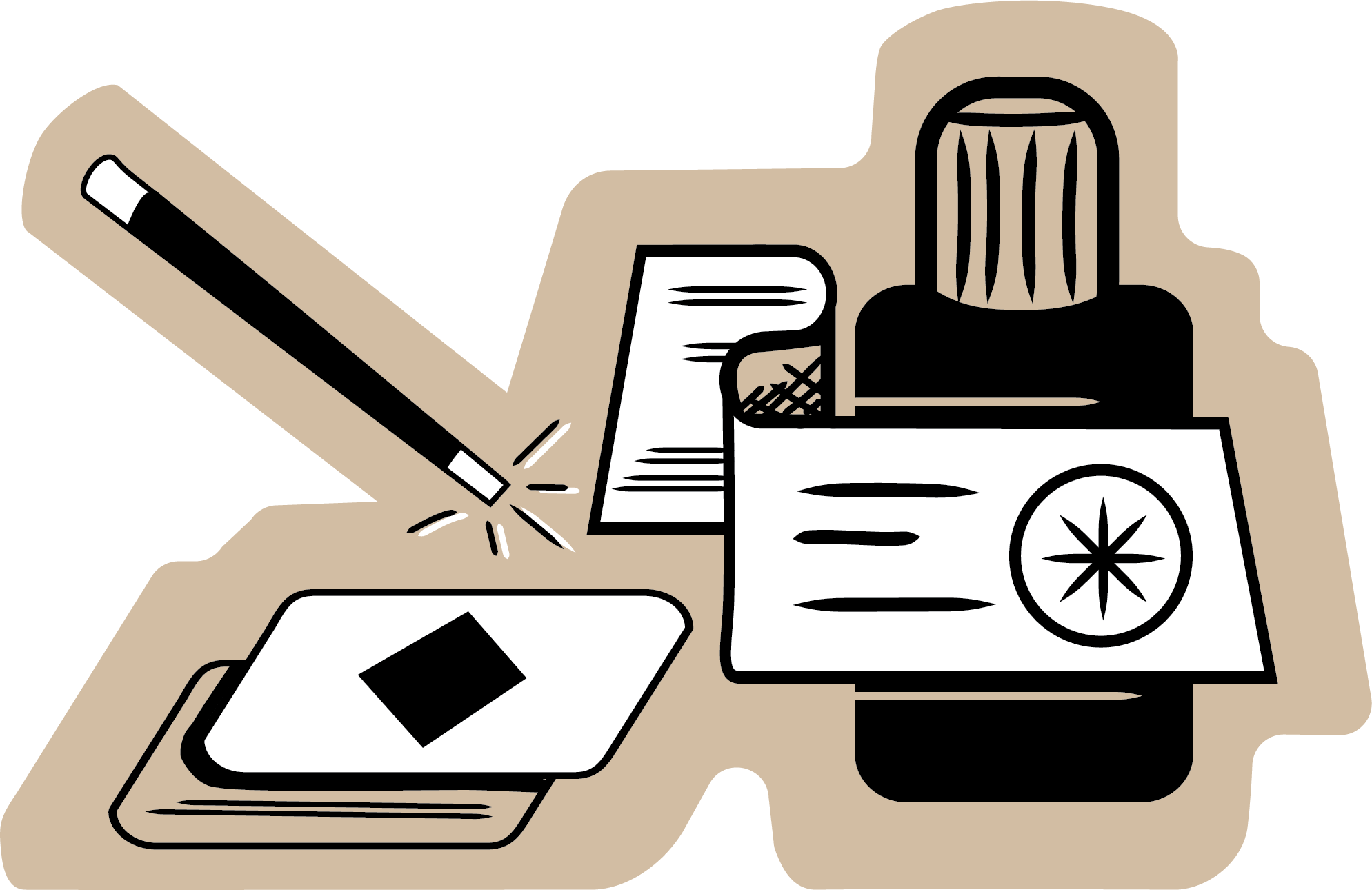 Illustration of office stationery, including a pencil, paper, ink bottle, and envelope with a seal.