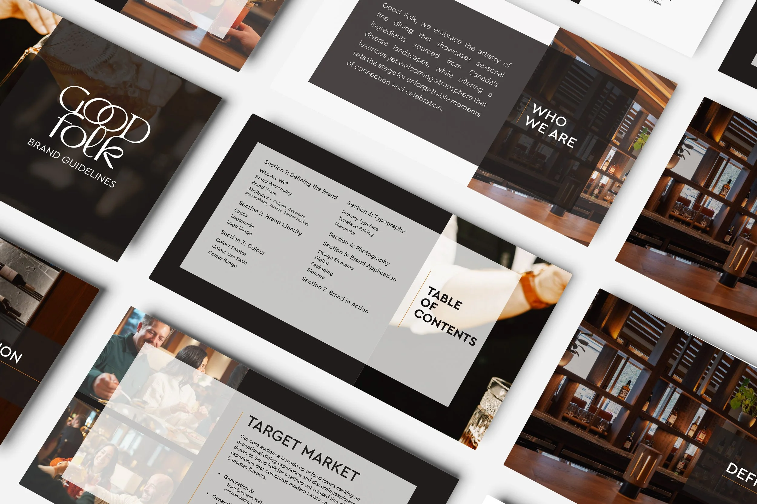 Collage of Good Folk restaurant brand guidelines, featuring typography, menus, restaurant interior photos, dining scenes, and brand strategy pages.