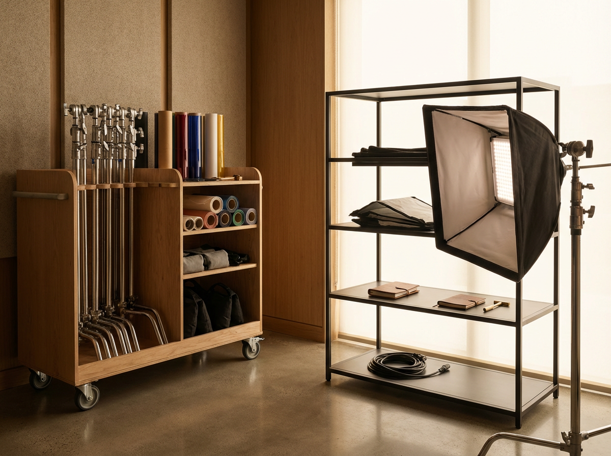 A photography studio or workspace with lighting equipment, including a softbox, and a wooden cart with various photography and filming accessories like colorful rolls of paper, metal poles, and bags.