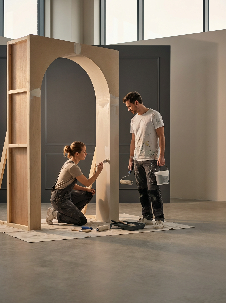 Man and woman painting a large wooden structure indoors. The woman is kneeling and using a paintbrush, while the man holds a paint roller and a bucket of paint. They are working on a light-colored archway, with painting supplies on the floor.