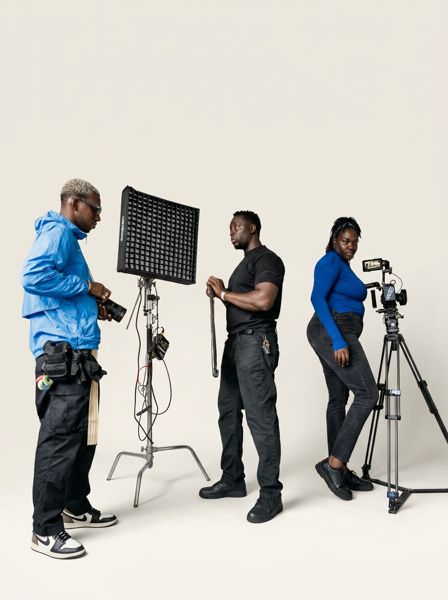 Three crew members setting up filming equipment in a studio with a plain beige background.