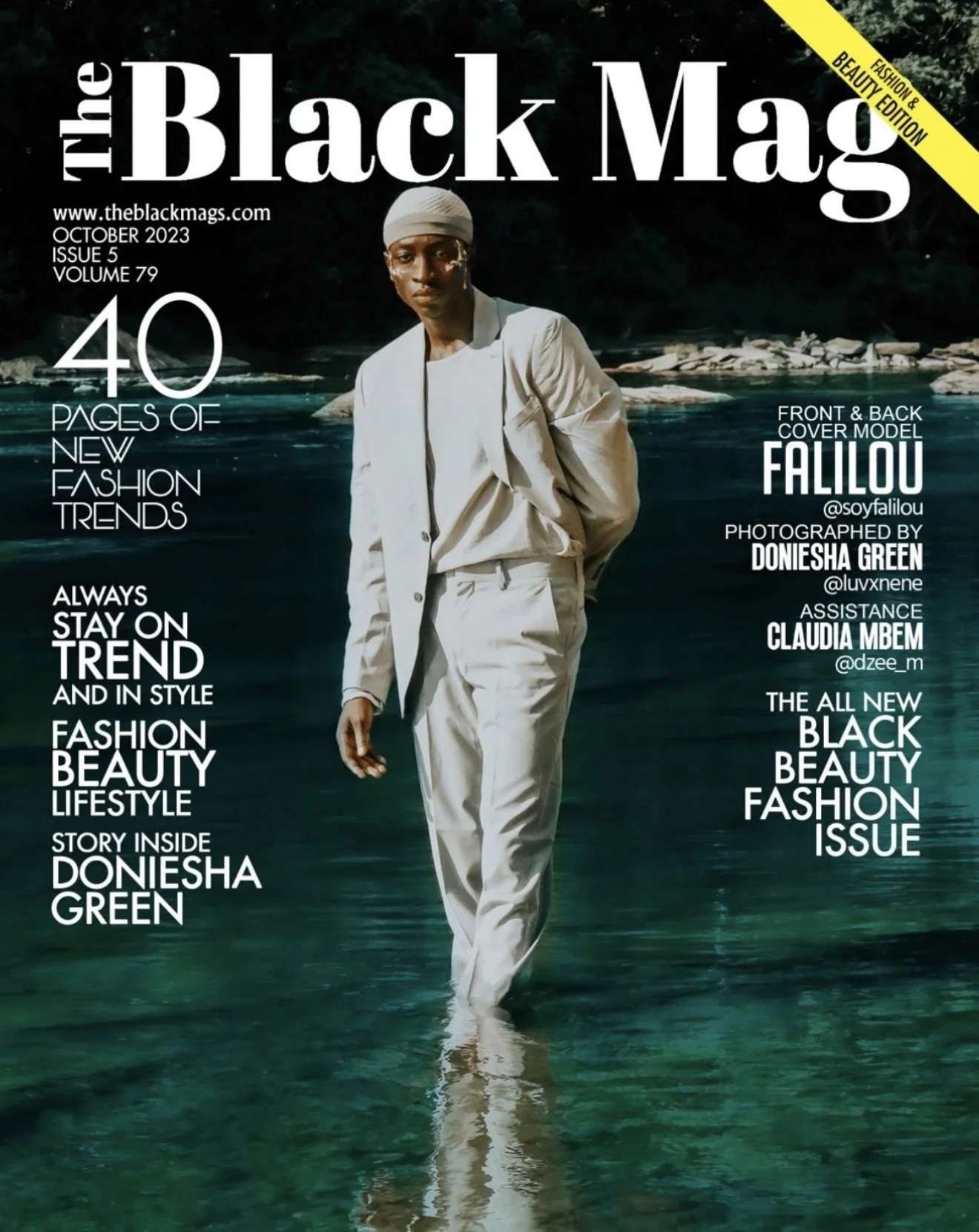 Cover of The Black Mag, October 2023 issue, featuring Falilou Amar Diaw. Text highlights include fashion trends, beauty, lifestyle, and a feature story on Doniesha Green.
