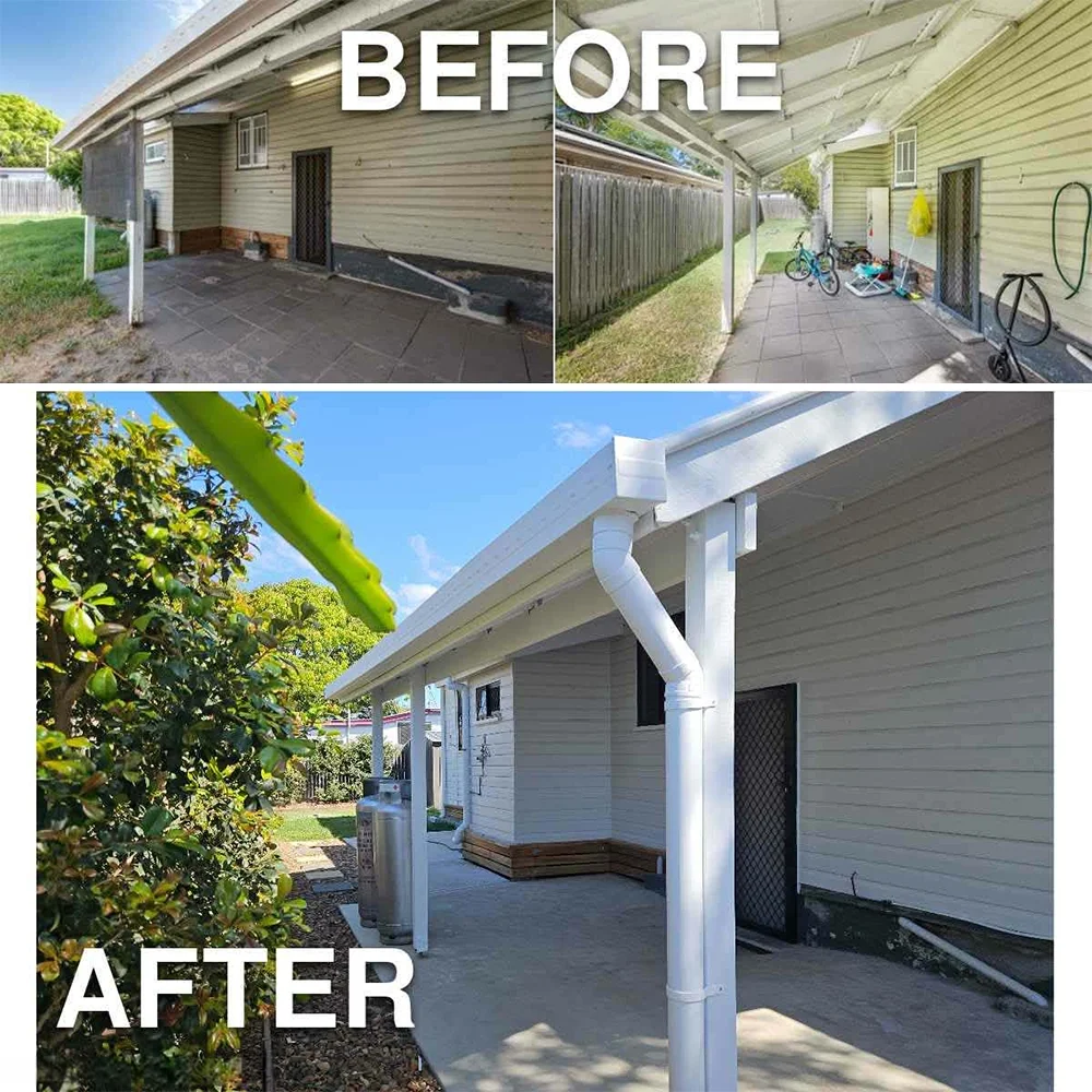 Side-by-side comparison of a house's back patio before and after renovation. The 'before' shows a worn, dark patio area with a damaged exterior wall, while the 'after' shows a clean, bright, renovated patio with new rain gutters and clean siding.