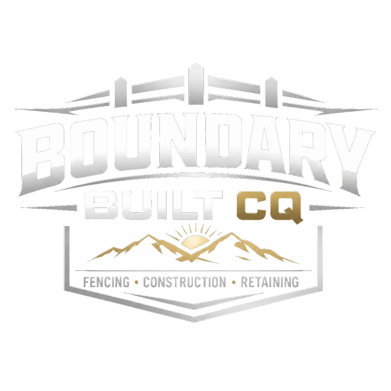 Logo for Boundary Built, a construction company in California, featuring a bridge, mountains, and a sunrise or sunset over a house, with the words 'Tenting', 'Construction', and 'Retaining'.