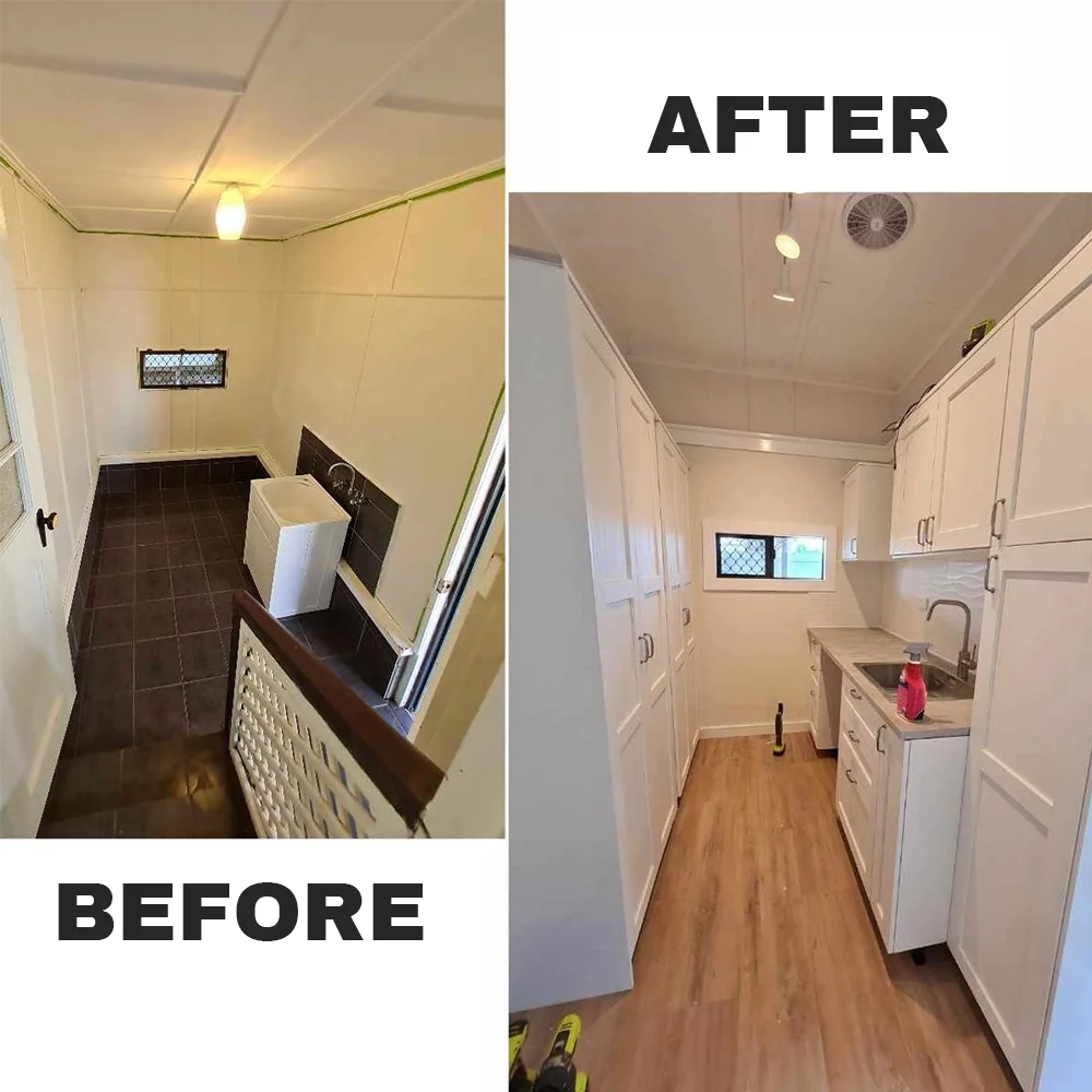 Side-by-side comparison of a small laundry room before and after renovation. The 'before' image shows a dark, narrow space with a small window, brown tiled floor, and plain beige walls. The 'after' image displays a bright, modern laundry area with wh