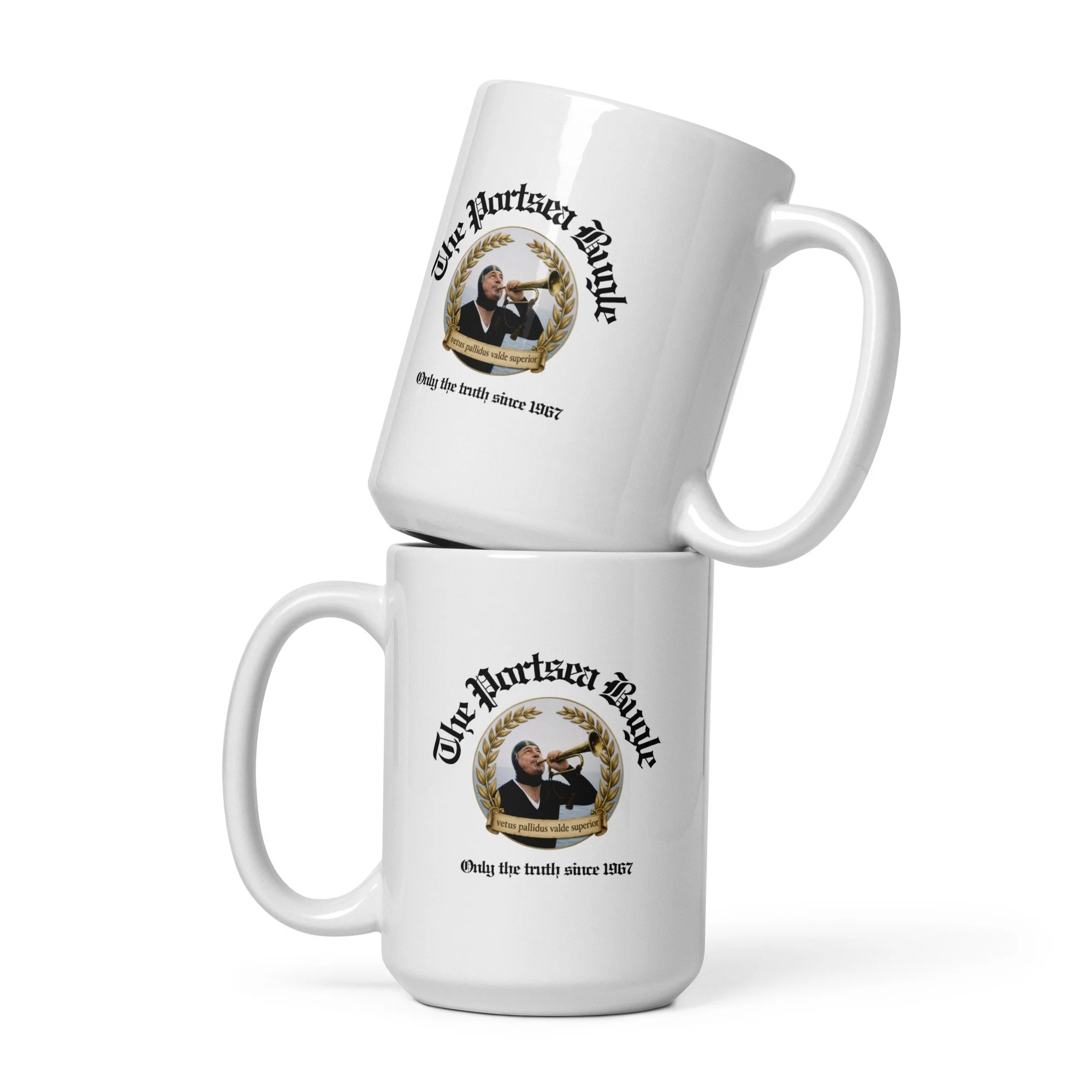 White Portsea Bugle logo mug, front view