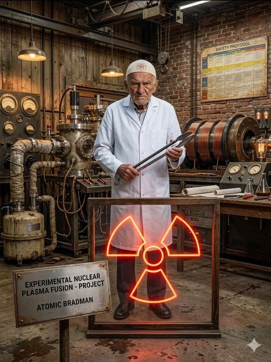 Professor Festus Scrötal testing the fictional Atomic Bradman barbecue in his laboratory