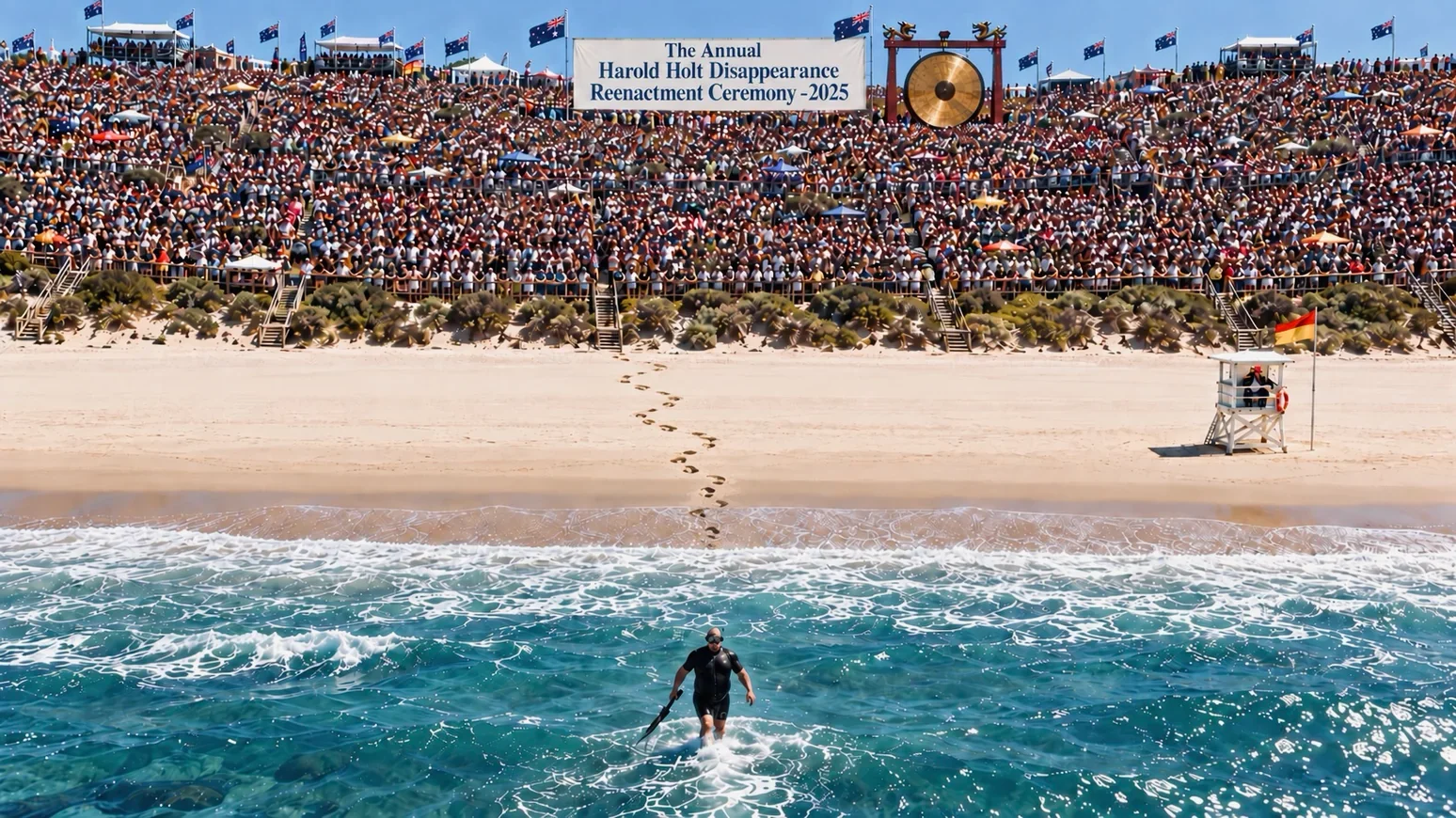 Crowds gathered on the beach for the HHDRS Harold Holt reenactment ceremony