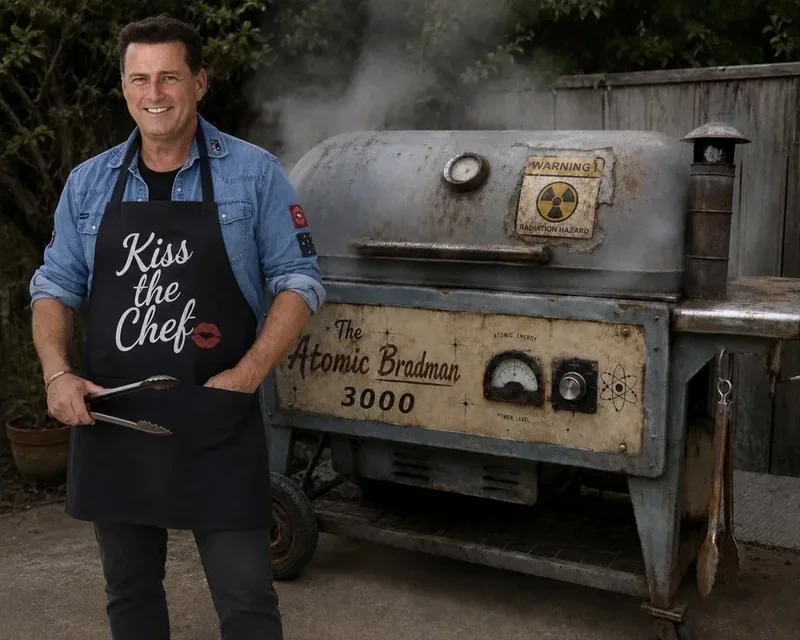 Karl Stefanovic in a satirical Atomic Bradman barbecue promotion