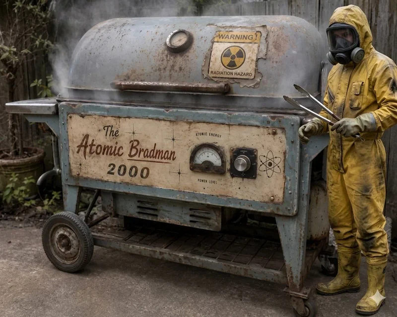 Satirical Atomic Bradman nuclear barbecue scene with protective suits