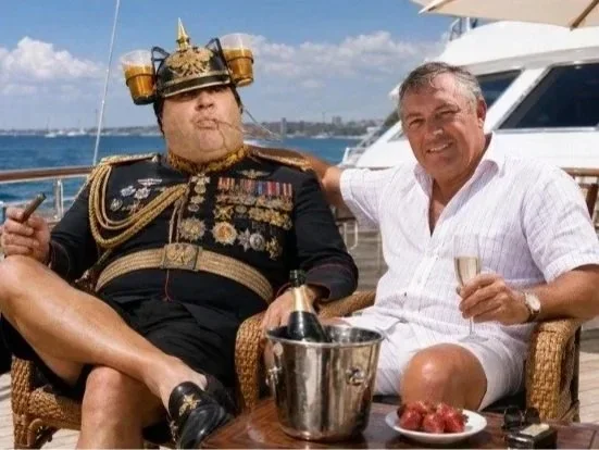 Satirical image of Dr Truthwright and a companion aboard a yacht
