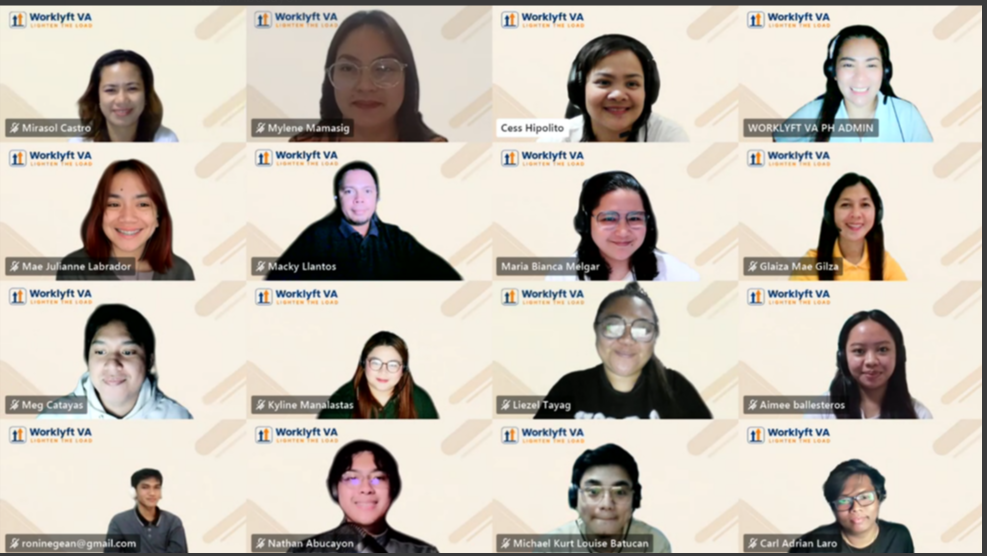 Screenshot of a virtual meeting with 14 participants, each in their own video window, with a light beige background and a logo that says 'WorkLyft VA' and 'Lifting the U.S.' in the top left corner.