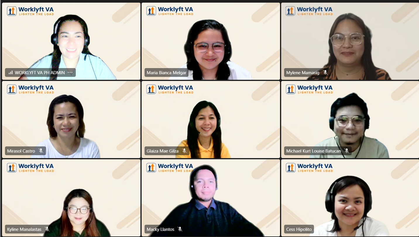 A virtual meeting with nine participants displayed in a grid. Each participant has a beige background with the 'Worklyft VA' logo and slogan 'Lighten the Load' at the top. The participants are smiling and wearing headsets or glasses, with some wearing casual clothes.