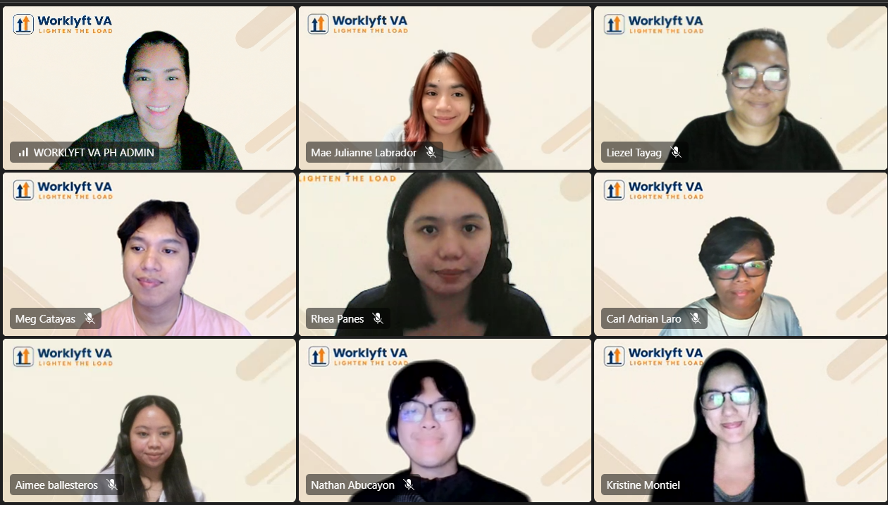 Nine diverse individuals participating in a virtual meeting on their screens. Each screen has a beige background with the Worklyft VA logo and the slogan 'Lighten the Load.' Some participants are wearing headsets, and all are smiling or looking at the camera.