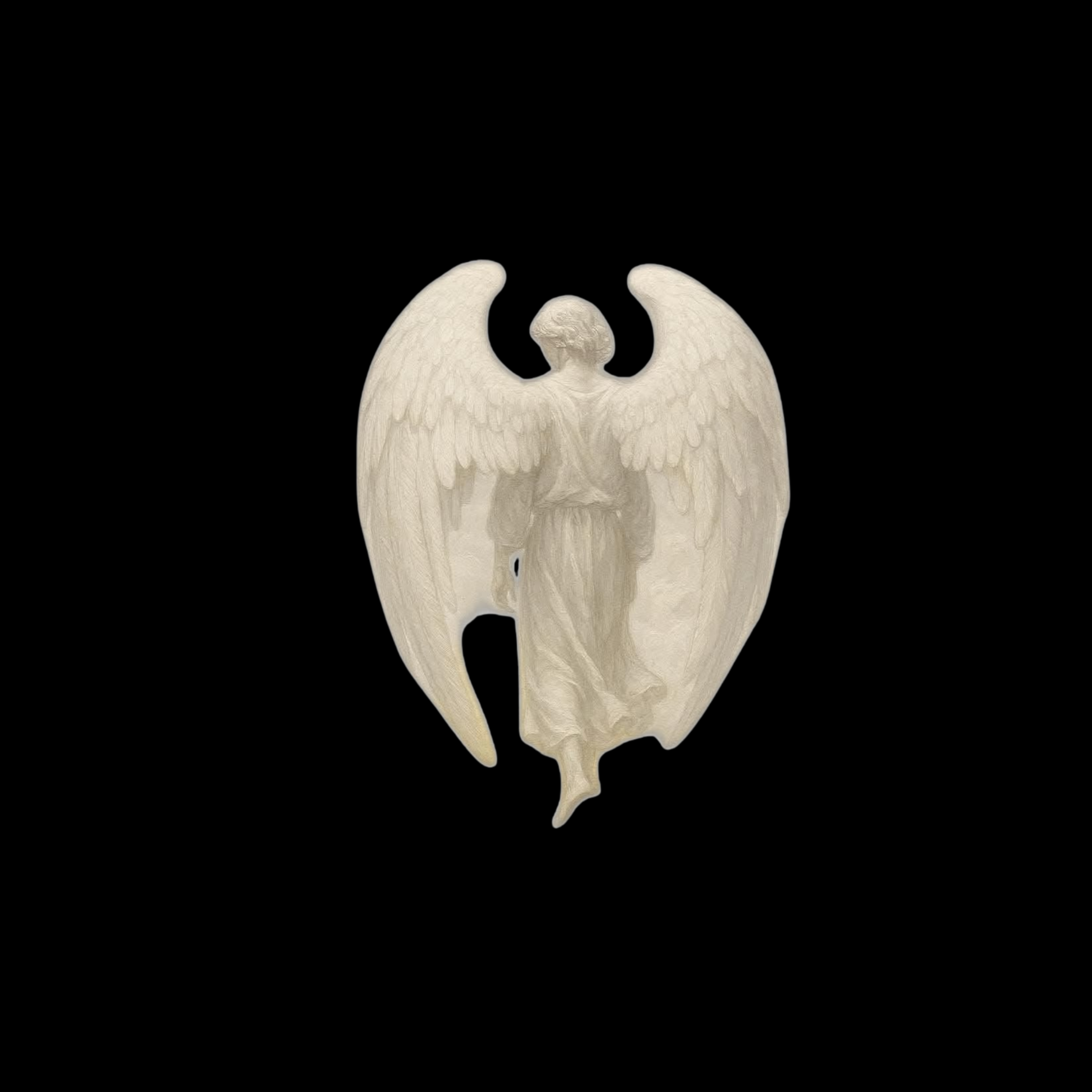 White angel statue with wings spread, set against black background.