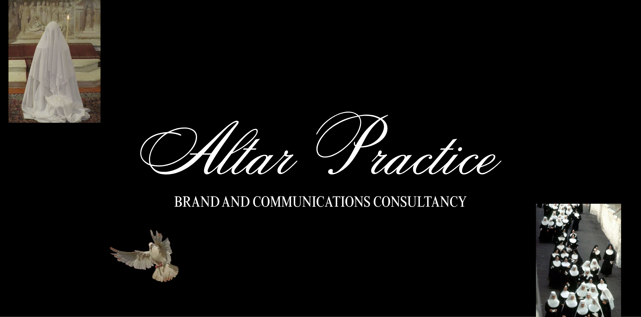 A graphic with black background and white cursive text reading 'Altar Practice'. Subtext reads 'Brand and Communications Consultancy'. The image includes a small photo of a draped altar with a lit candle, a dove in flight, and a group of people, some in traditional dress, part of a procession.