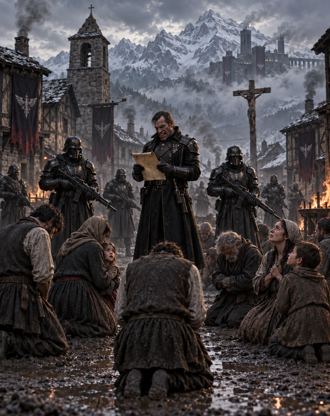 A medieval-style scene with a man with a monstrous appearance reading a scroll to kneeling villagers, surrounded by armored soldiers in a snowy mountain village with a castle in the background.