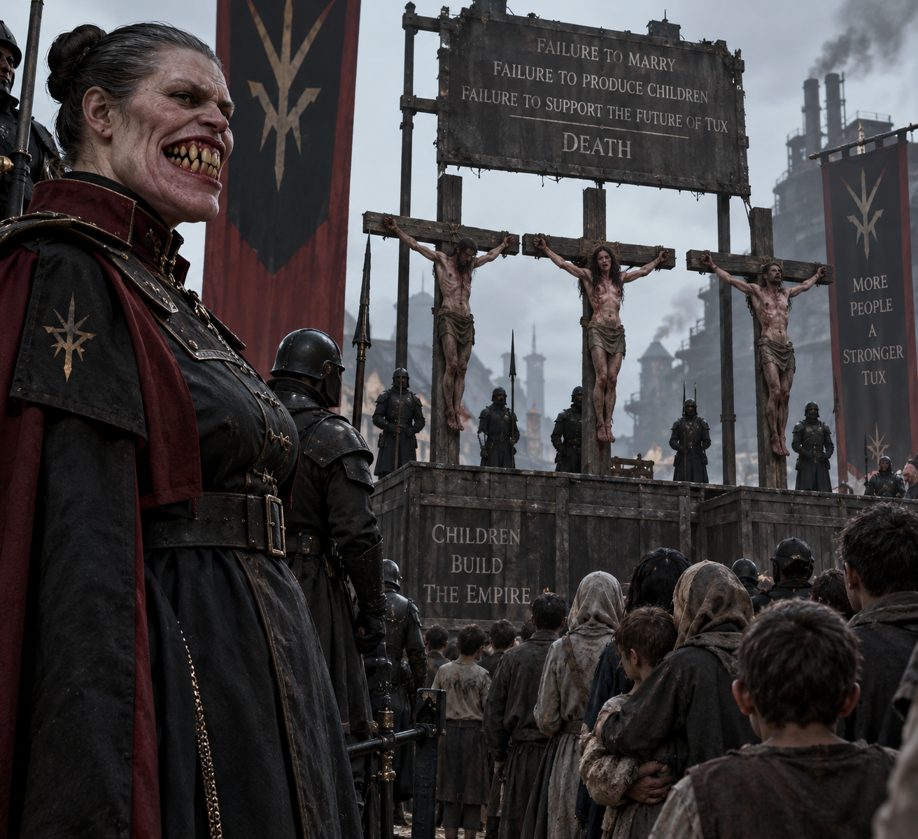 A dystopian scene with a crowd of ragged people looking up at a stage where three crucified figures are hanging, each with a sign above them stating their reasons for death. An ominous woman with a grotesque face and teeth looms on the left, dressed in dark clothing with a red cape. The scene is set in a gloomy industrial city with smoke stacks and dark clouds in the background, evoking a sense of oppression and authoritarian control.