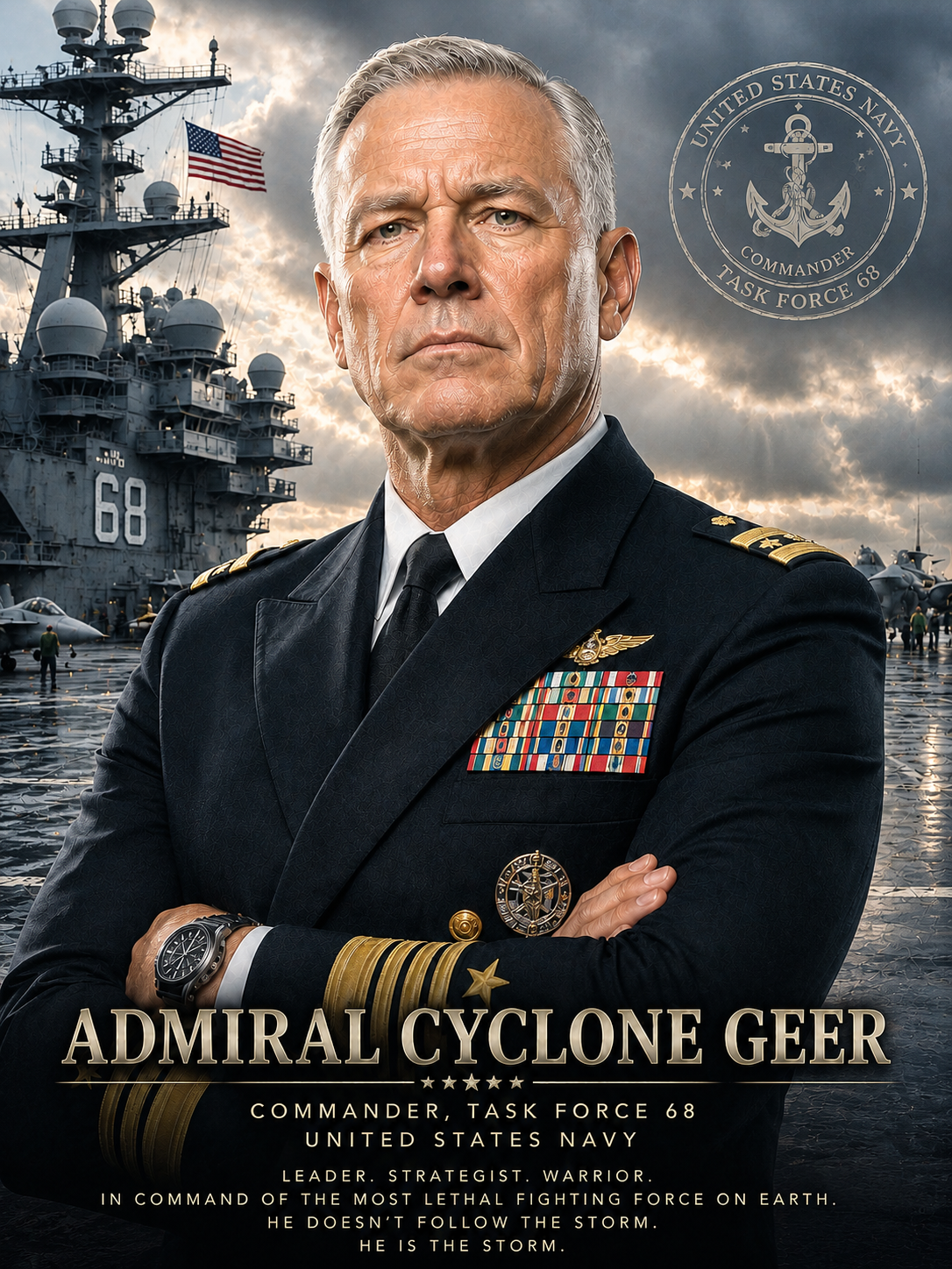 Promotional poster featuring a serious-looking Admiral Cyclone Geer in a U.S. Navy uniform with medals, standing in front of a military ship with the number 68 and an American flag, under cloudy skies.