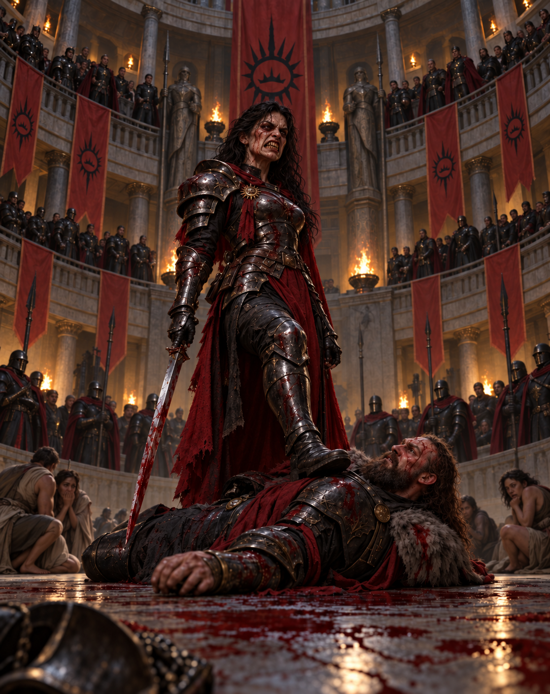 A fierce woman in black armor with red accents stands over a fallen man in a Roman-style arena, surrounded by cheering soldiers and spectators, with flames and banners in the background.