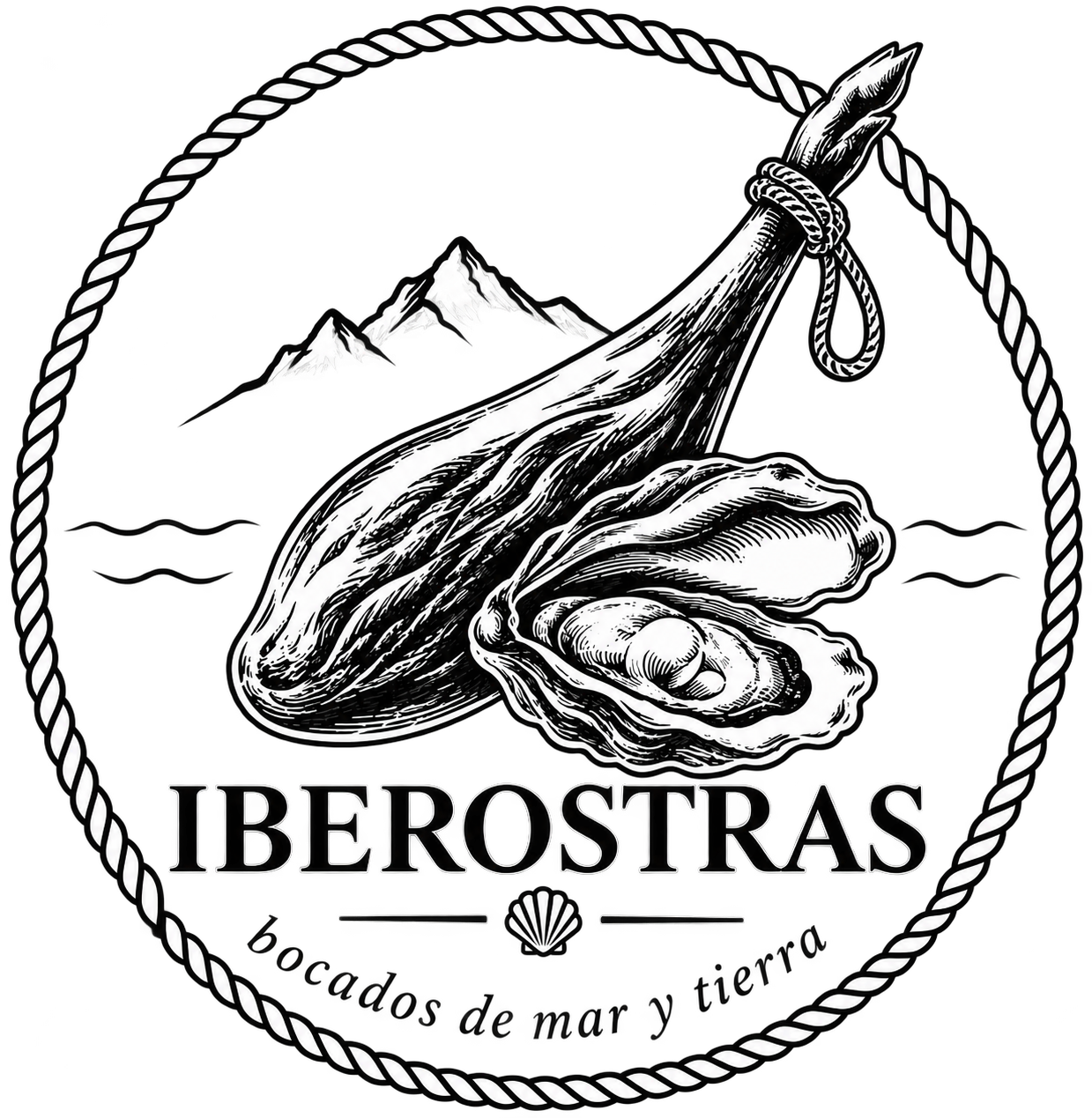 Un logotipo en blanco y negro con una concha marina, un mejillón, una corda y un fondo de montañas. La palabra 'IBEROSTRAS' en la parte inferior y la frase 'hombres de mar y tierra' debajo.