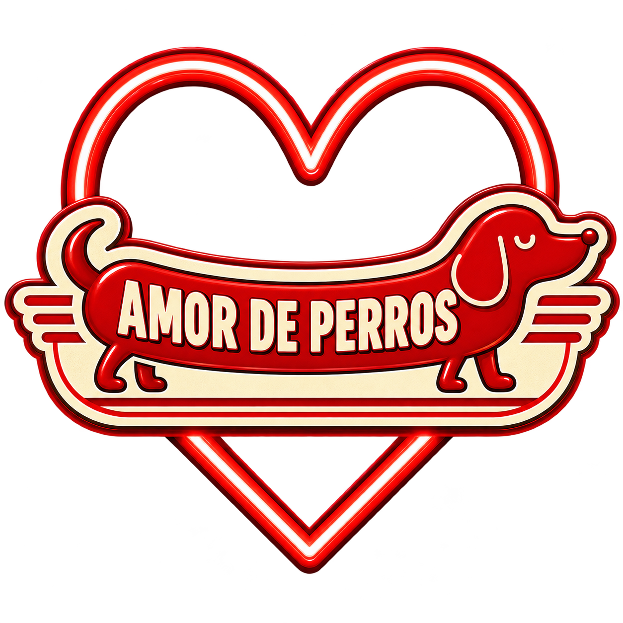 Un cartel de neón con un corazón rojo y la frase 'Amor de perros' dentro de un dibujo de perro con tonos rojos y blancos.